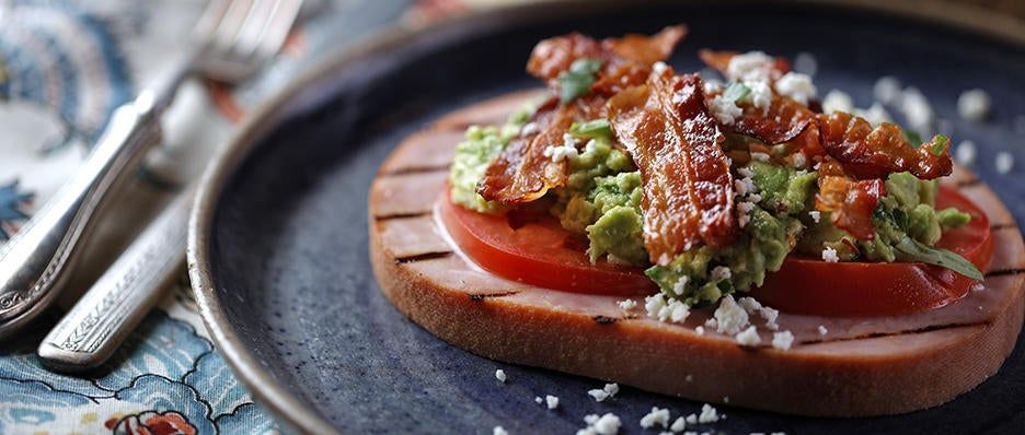 Ham Steak with Tomato, Bacon and Smashed Avocado