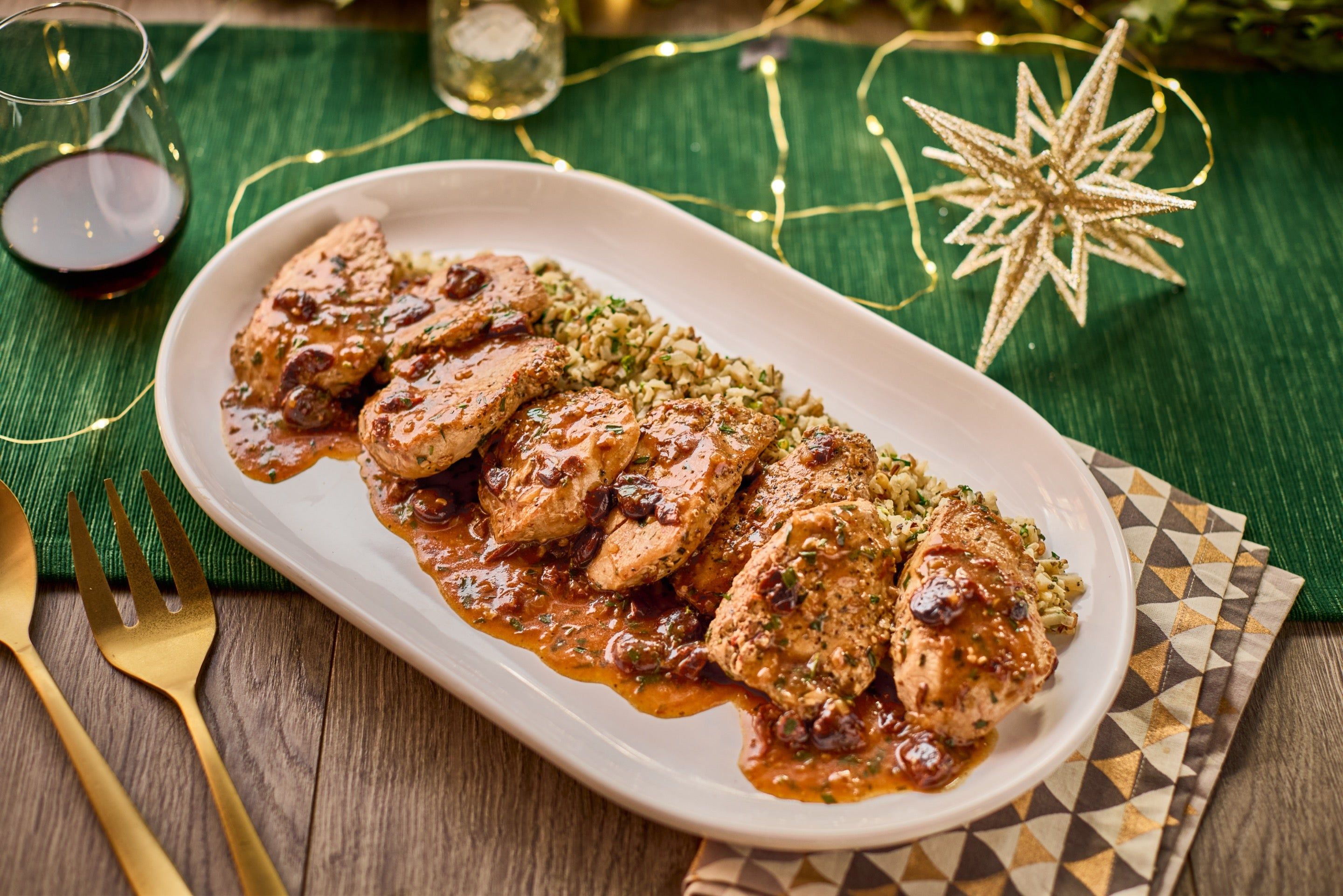Dried Cherry Pork Tenderloin Medallions with Wild Rice and Water
