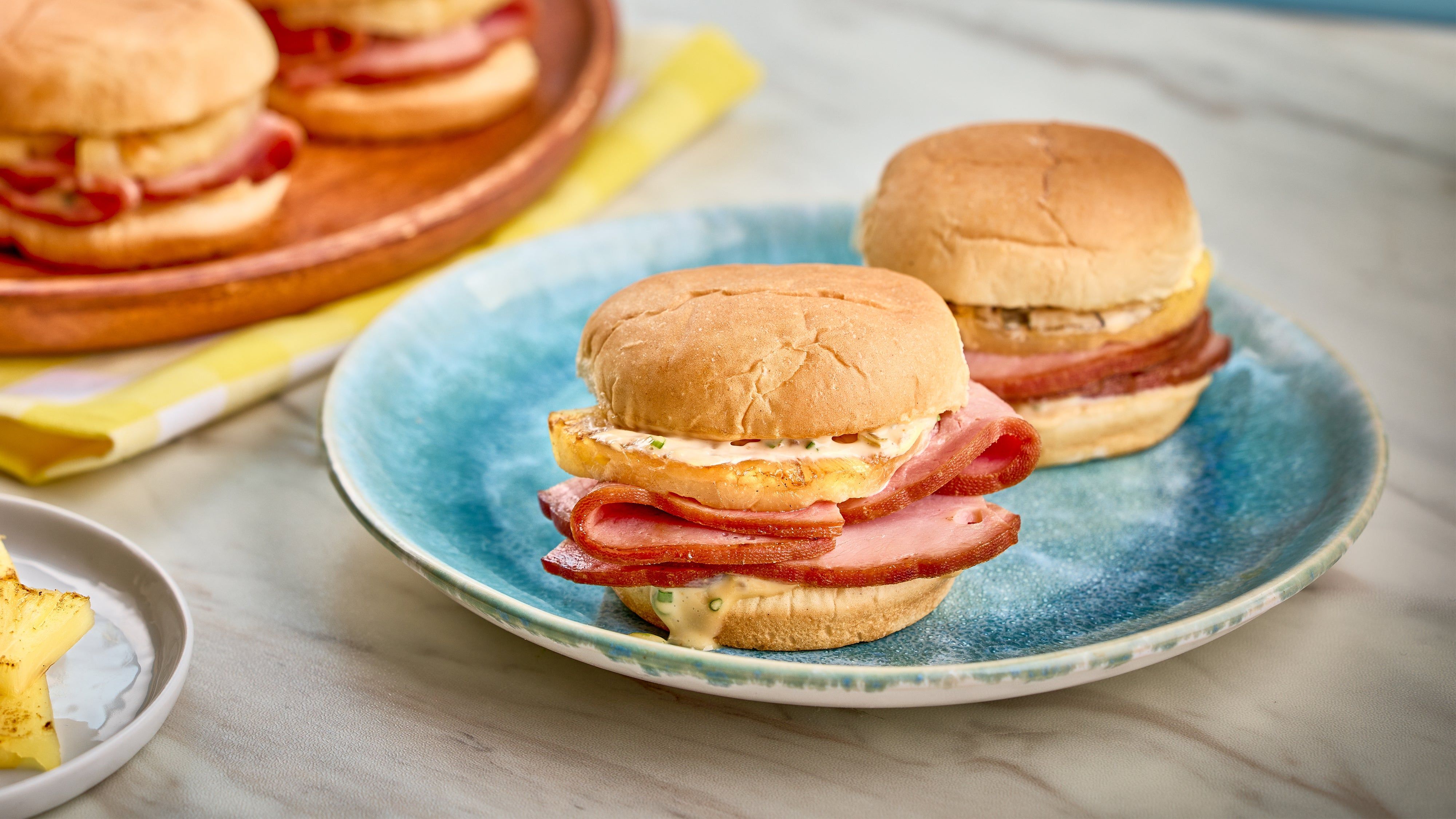 Hawaiian Sliders with Spicy Teriyaki Mayo and Grilled Pineapple