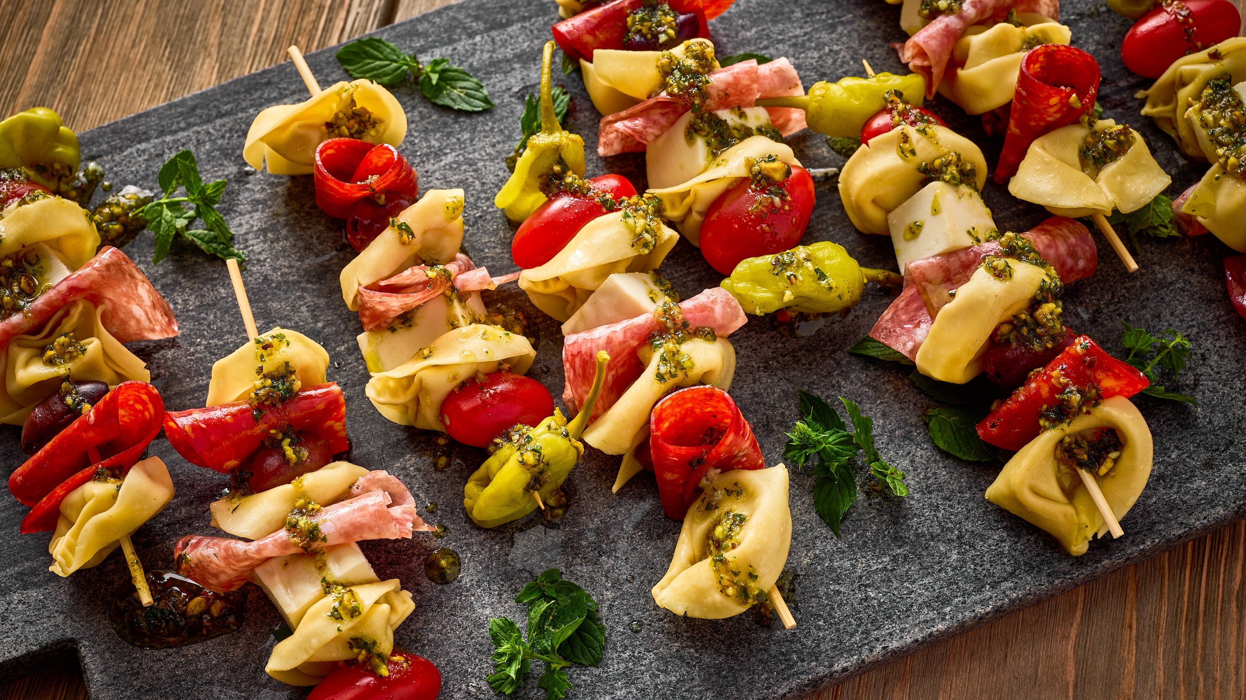 Antipasto and Tortellini Skewers with Pistachio Mint Pesto | Carando