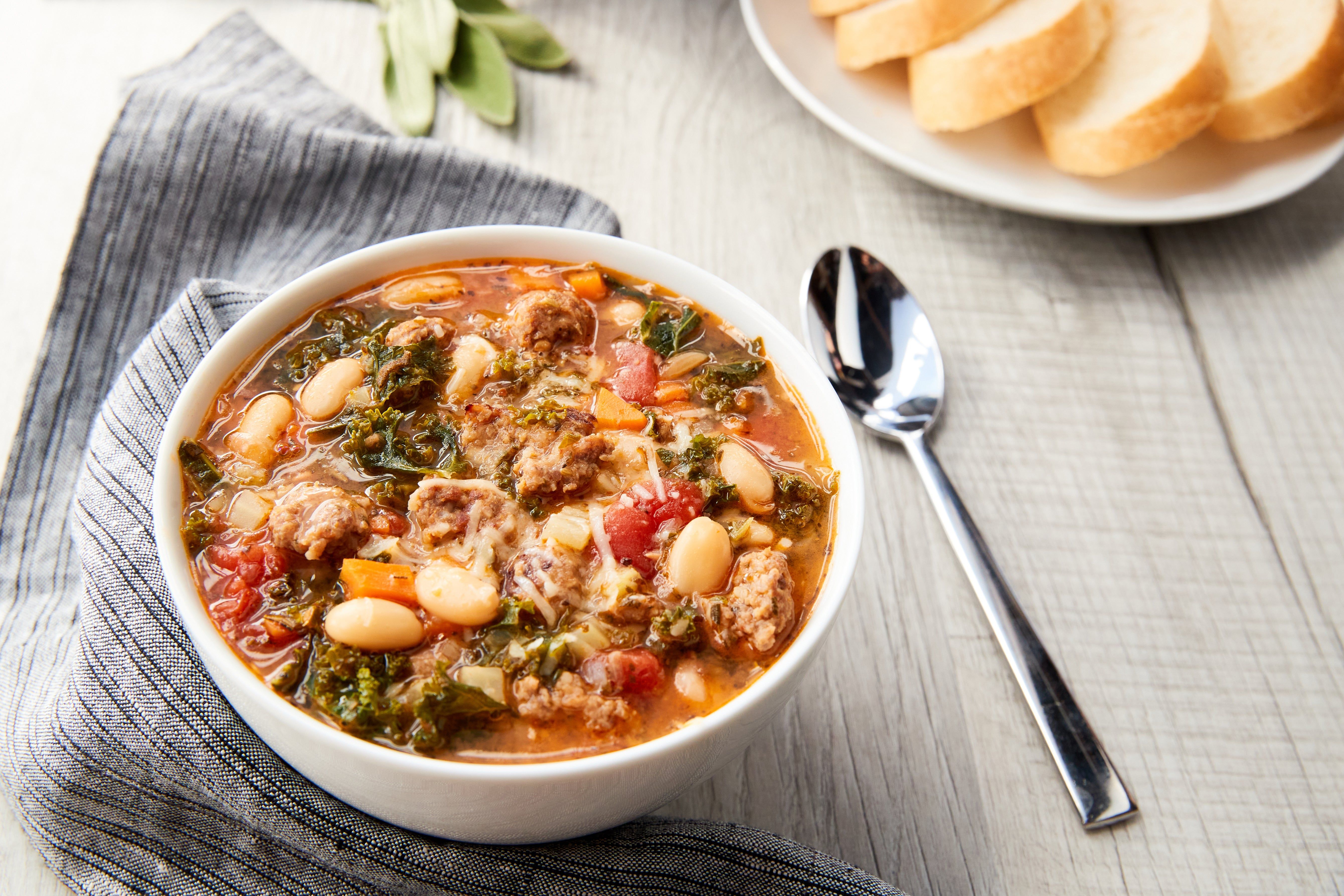 Instant Pot White Bean, Spicy Sicilian Meatball, and Kale Soup
