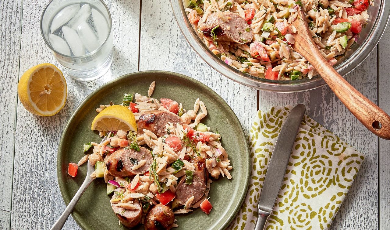 Grilled Sweet Italian Sausage with Orzo and Chickpeas