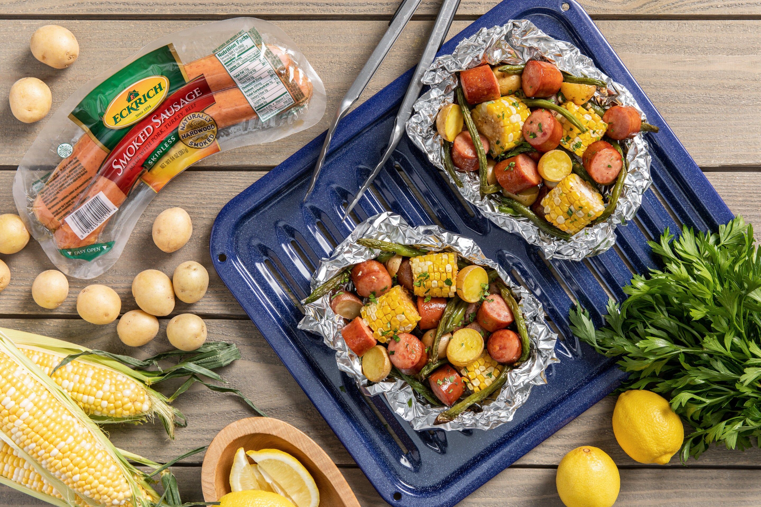 Grillwurst and Summer Vegetable Foil Packets - Pillers