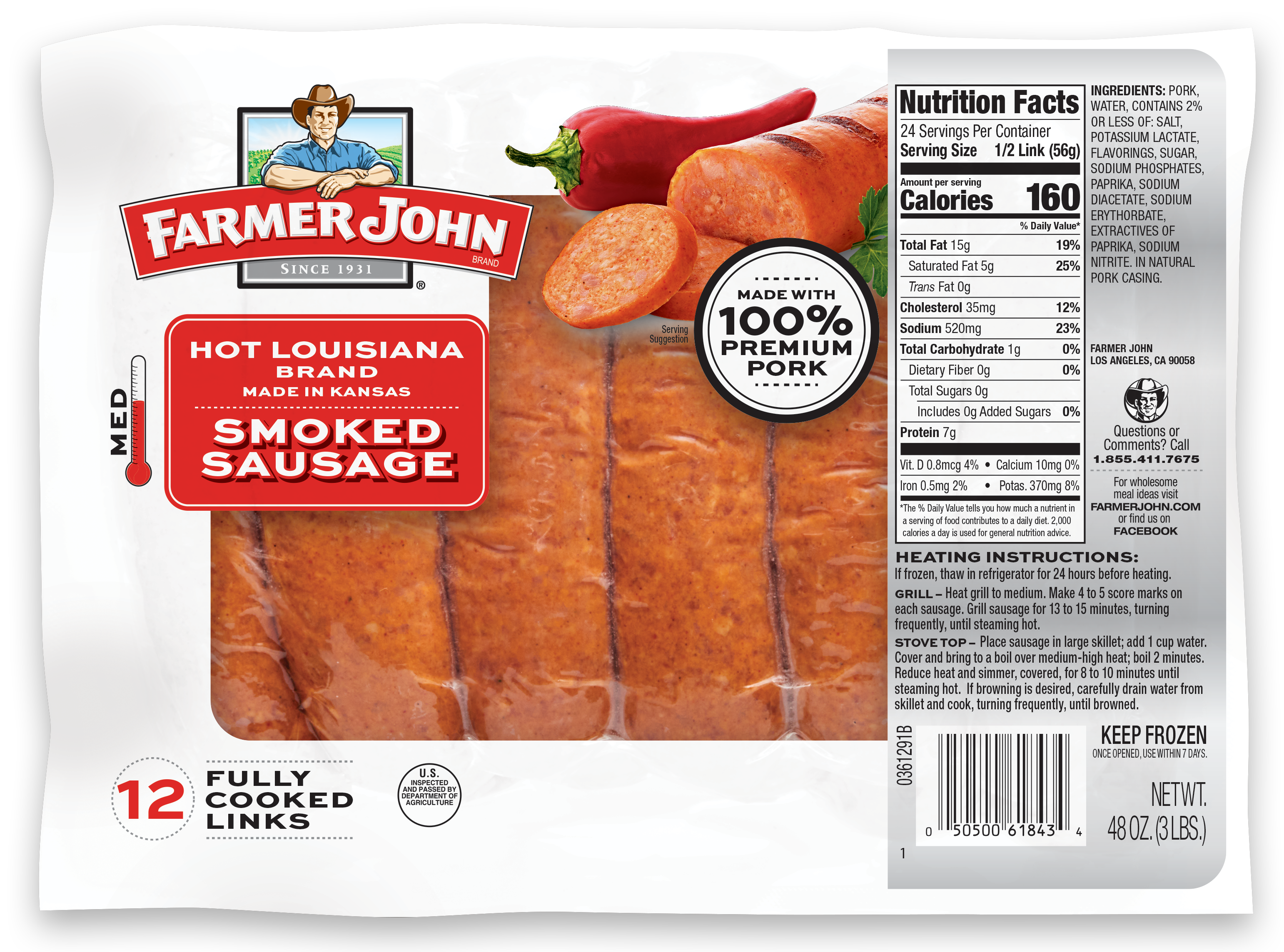 Farmer John Hot® Louisiana Brand Smoked Pork Sausage Links, 8 ct