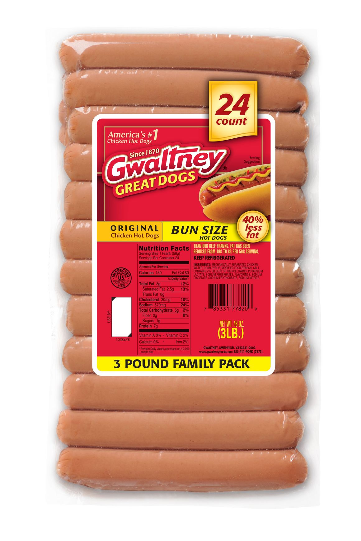 Bun Length Original Chicken Hot Dogs 48oz. Gwaltney Foods