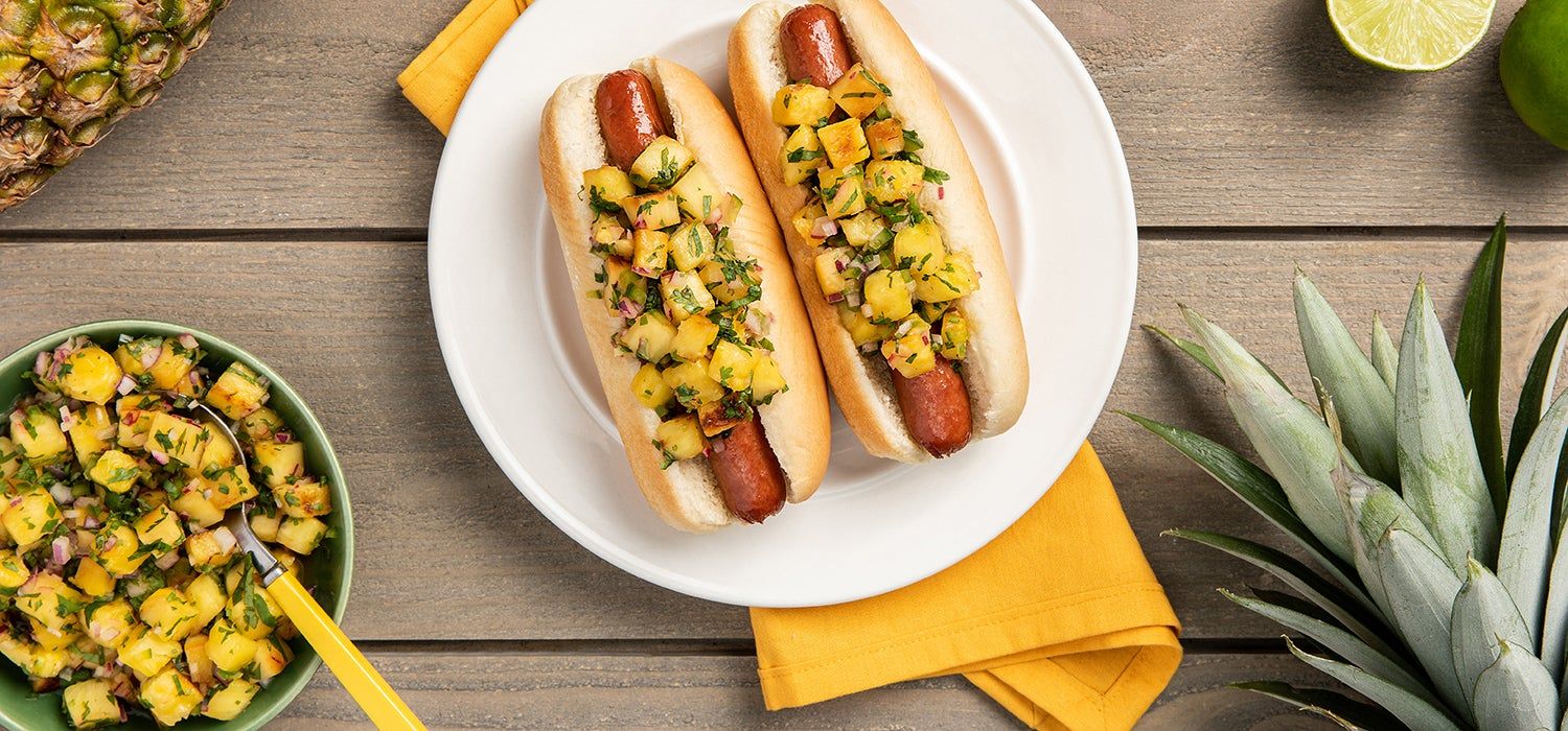 Grilled Hot Dogs with Pineapple-Pepper Relish