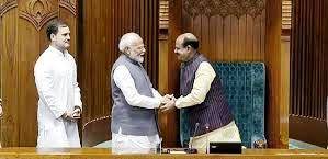 OM BIRLA WITH PM MODI BEHIND RAHUL GANDHI SNE IMAGE