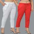 Sniggle Women Solid Red And White Cotton Trouser Pants Combo