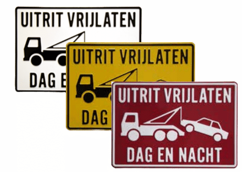 Uitrit Vrijlaten. Dag en Nacht | Tekst en Pictogram bord | Geperst Aluminium | Drie Kleurcombinaties