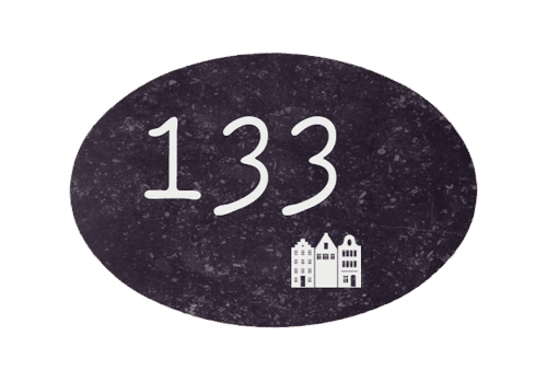 Ovaal Natuursteen huisnummerbord met huisjes Nummerbord Belgisch hardsteen