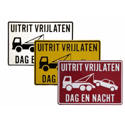 Uitrit Vrijlaten. Dag en Nacht | Tekst en Pictogram bord | Geperst Aluminium | Drie Kleurcombinaties