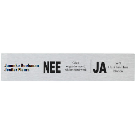 NEE |  JA deurbordje met tekst/huisnummer | Rvs | Ongewenste reclame brievenbus plaatje Nee-JA | Zwarte tekst | Zelfklevend