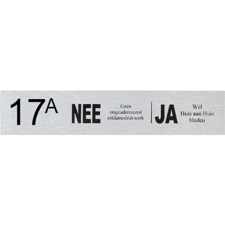 NEE | JA deurbordje met huisnummer | RVS | Ongewenste reclame brievenbus plaatje Nee-JA | Zwarte tekst | Zelfklevend