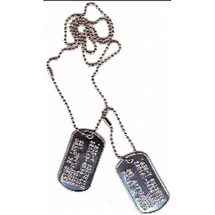 U.S. army dog tags. Twee identieke plaatjes met dezelfde of verschillende tekst. Inclusief kettingen.