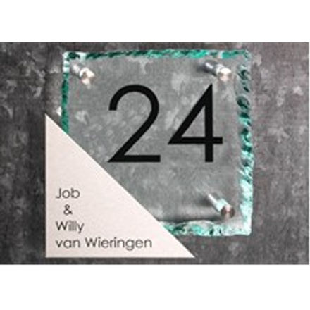 Gebrokkeld glazen naambord | RVS voorplaat | Diverse kleuren en lettertypes |