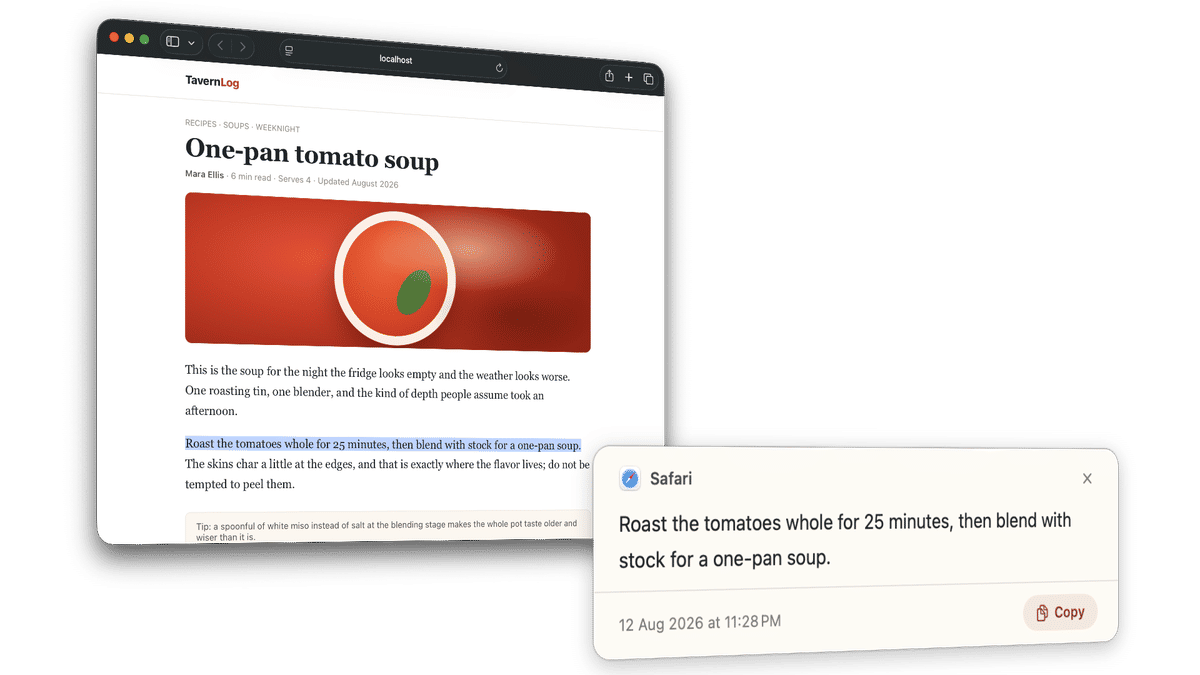 A sentence selected in Safari, kept as a capture with its source and time