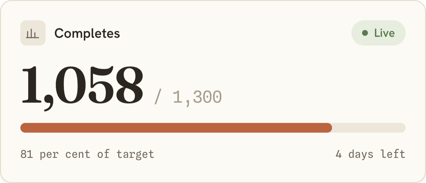 Completes against target, the percentage reached, and the days left in field