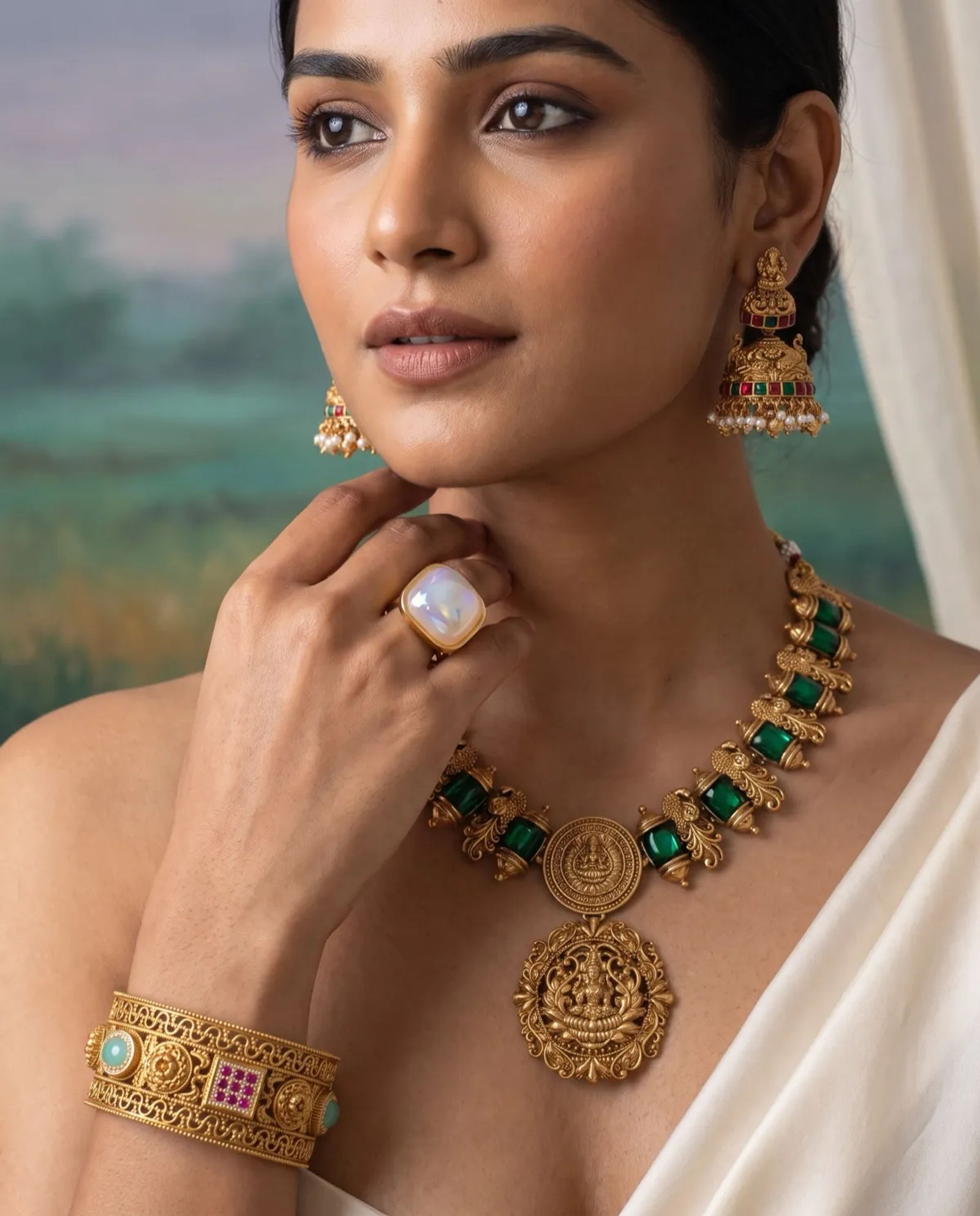 Model wearing an antique temple necklace, jhumkas, a ring and a cuff