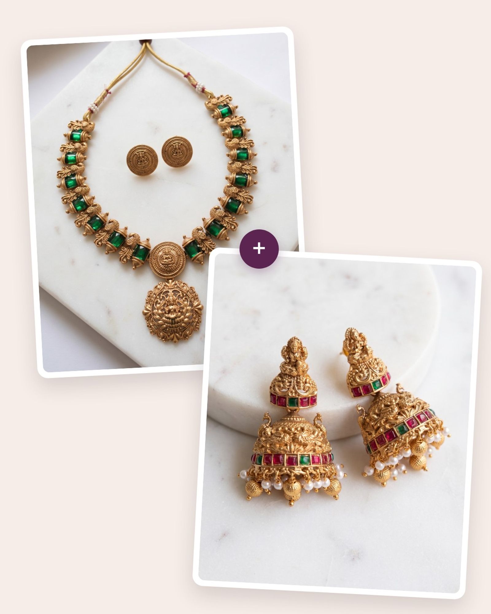 Festive Pair: Peacock Lakshmi Necklace & Kemp Jhumkas