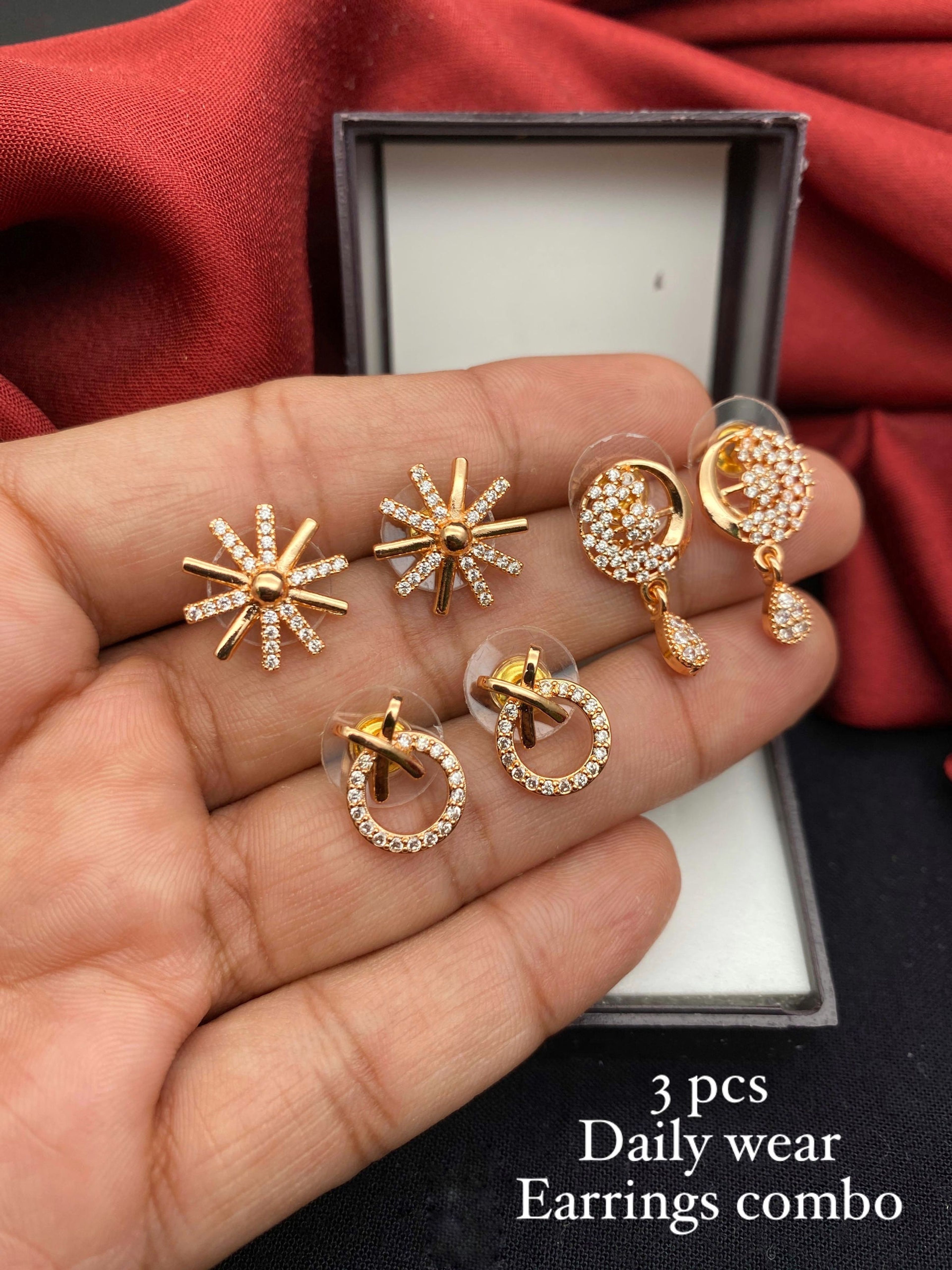 White AD Stone Stud Earrings Set of 3