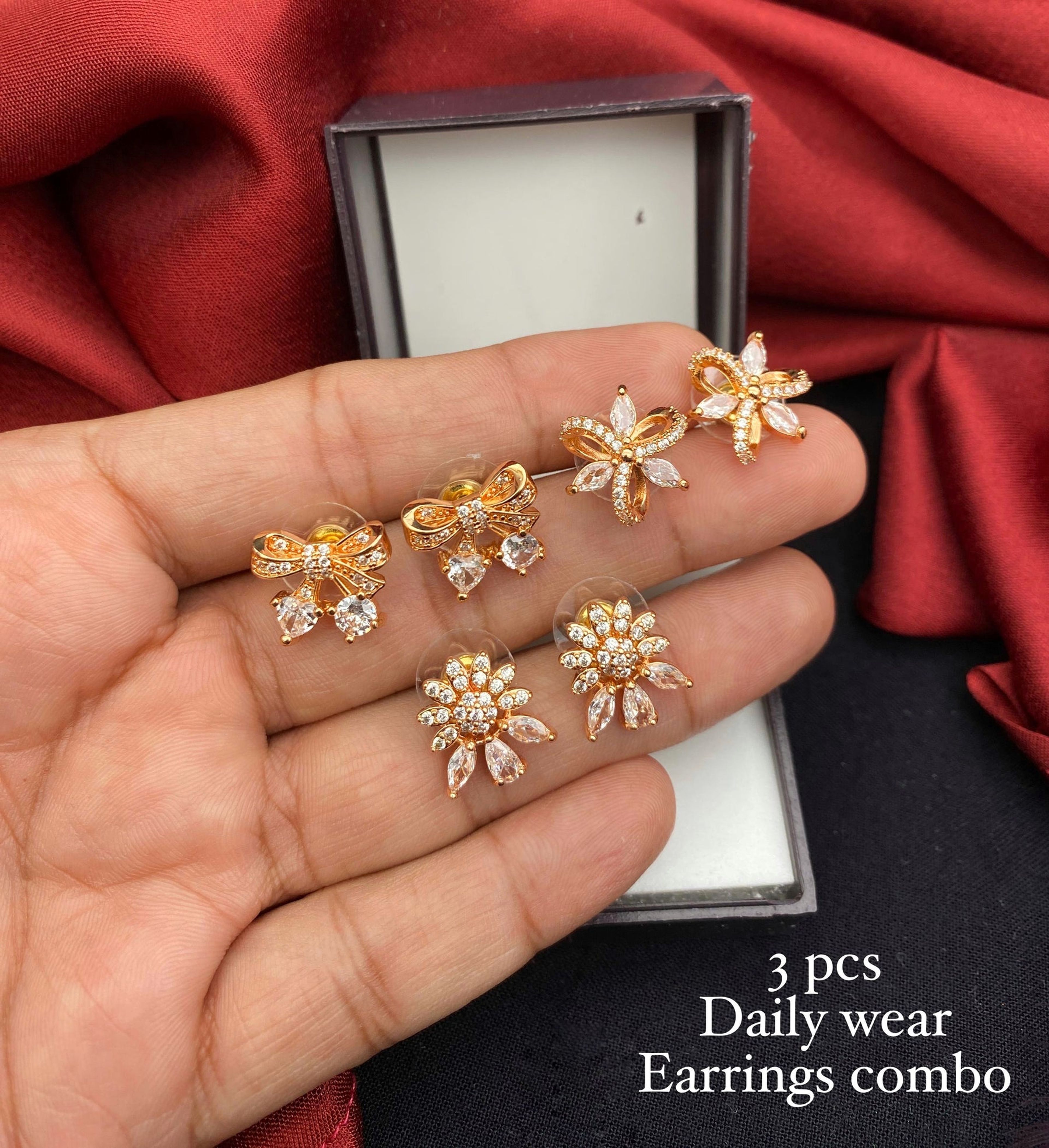 White AD Stone Floral Earrings Set of 3