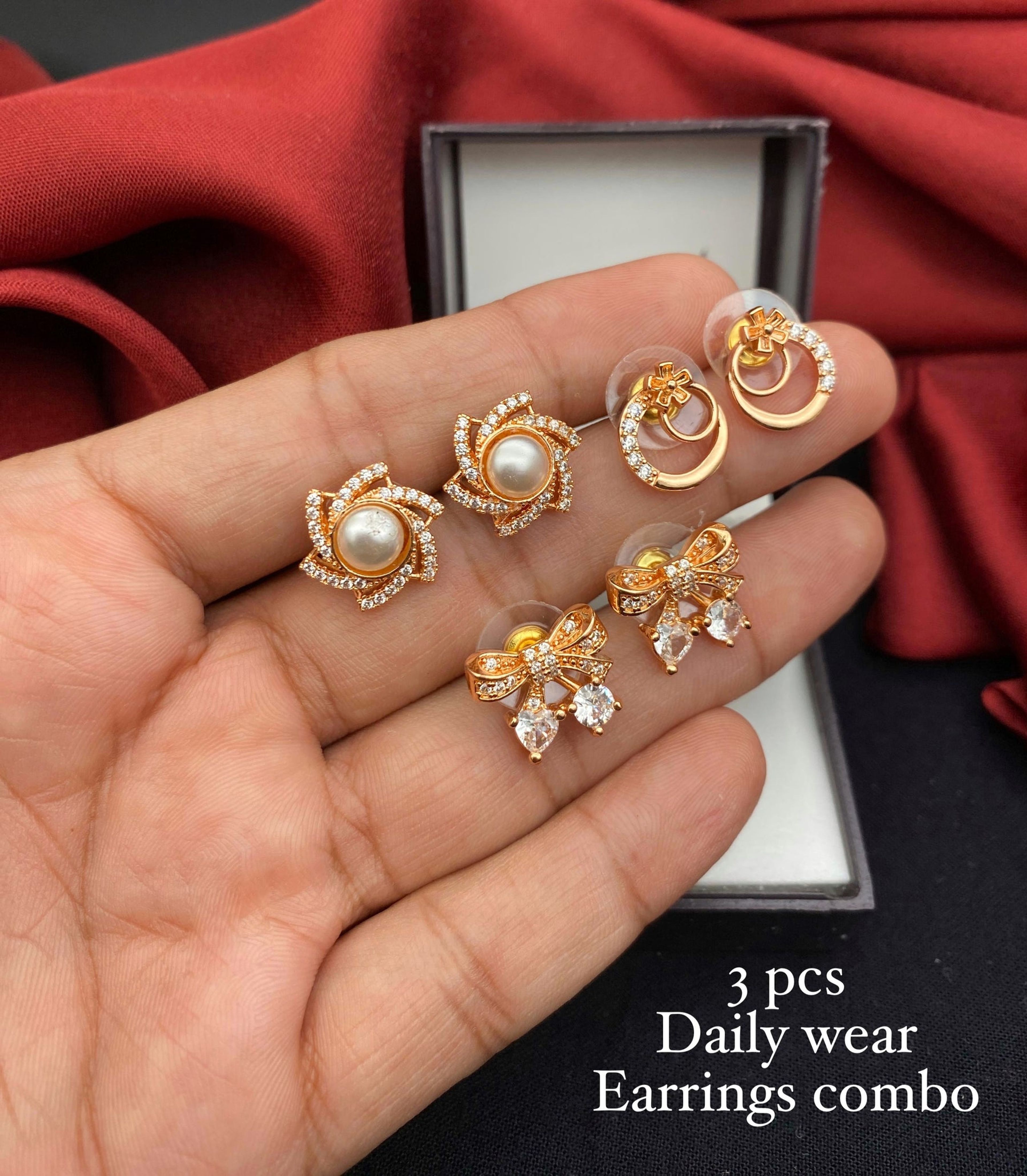 Gold-Tone AD Stone Pearl Earrings Set of 3
