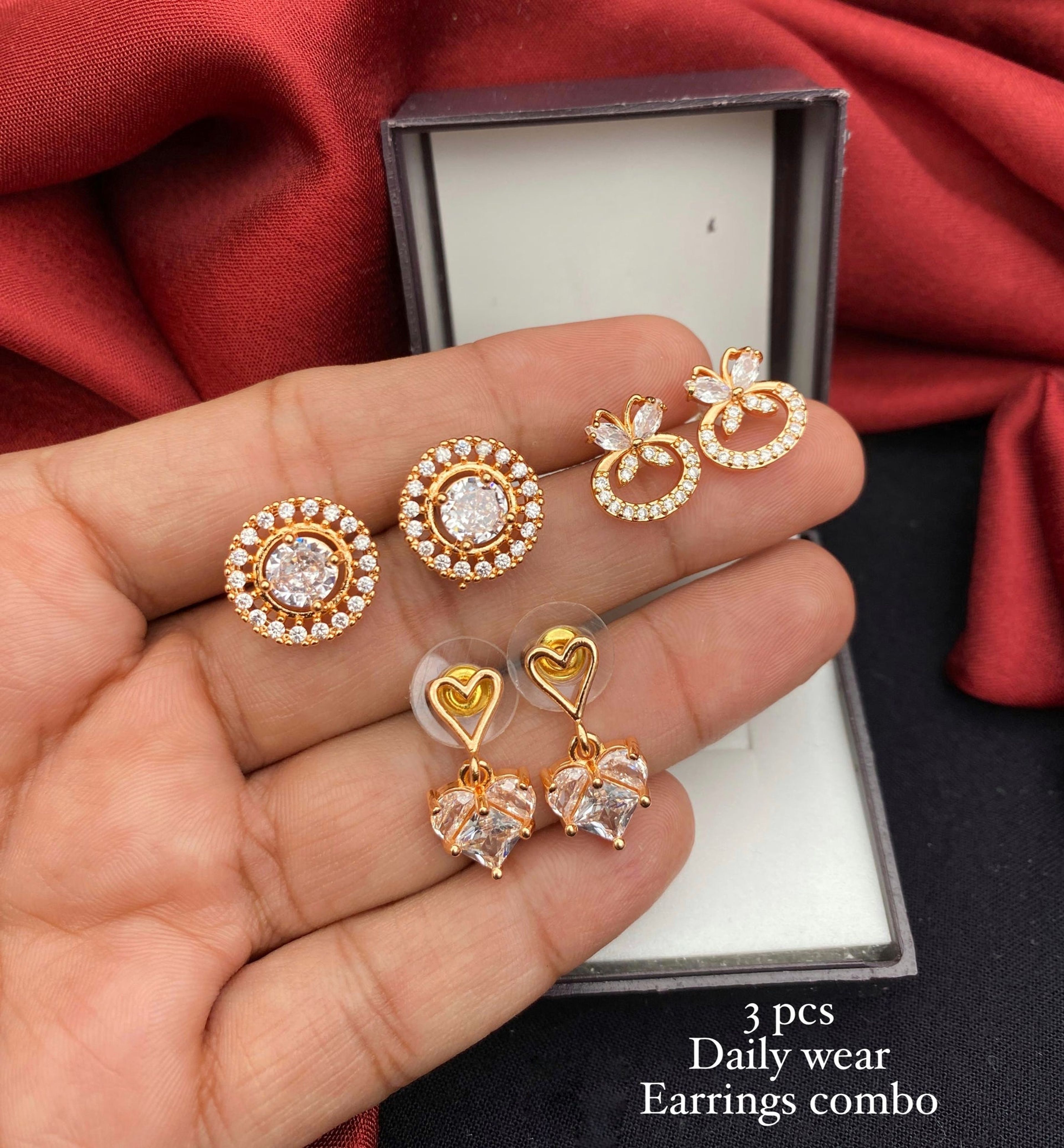 White AD Stone Gold-Tone Earrings Set of 3