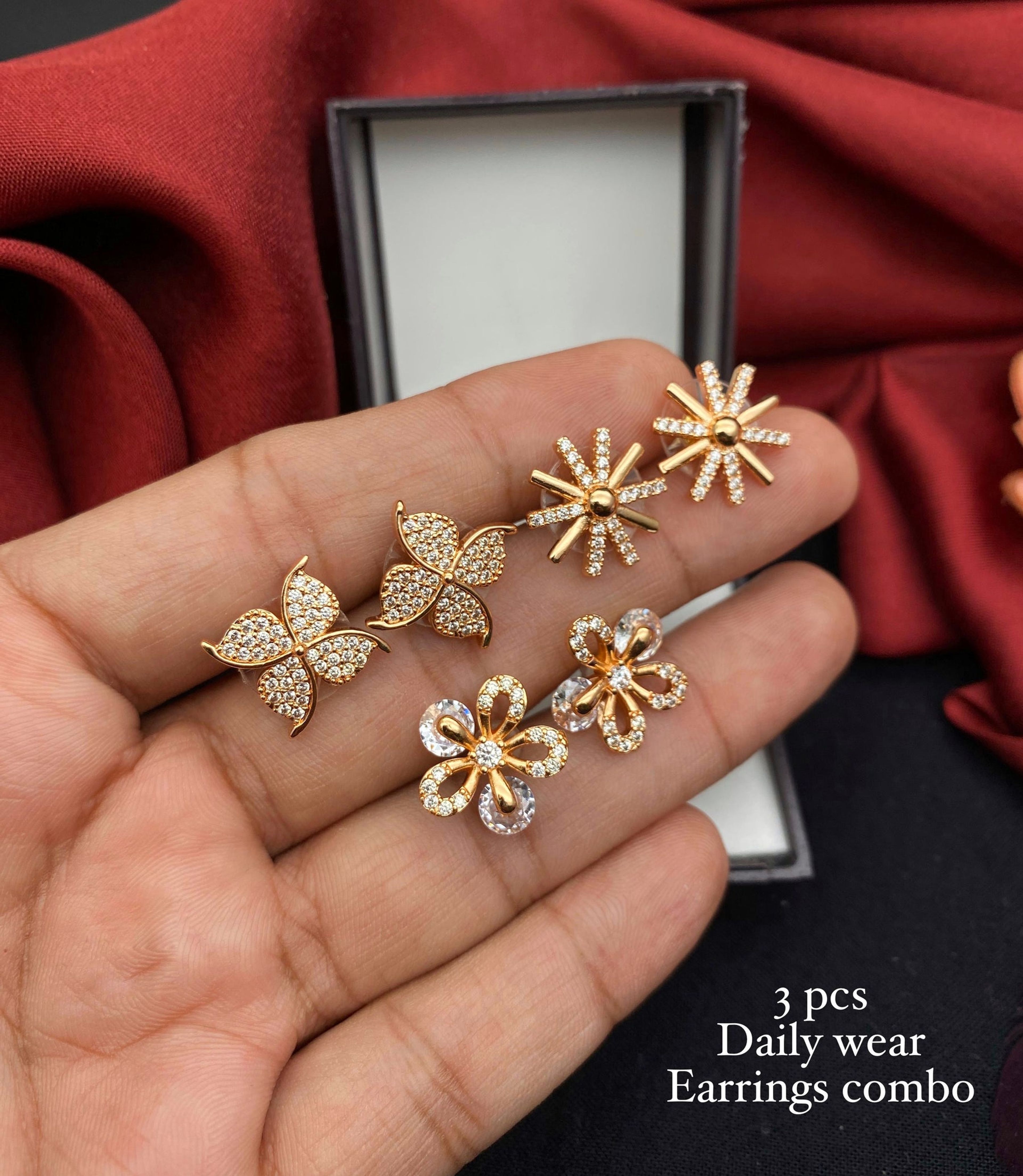 Floral AD Stone Earrings Set of 3