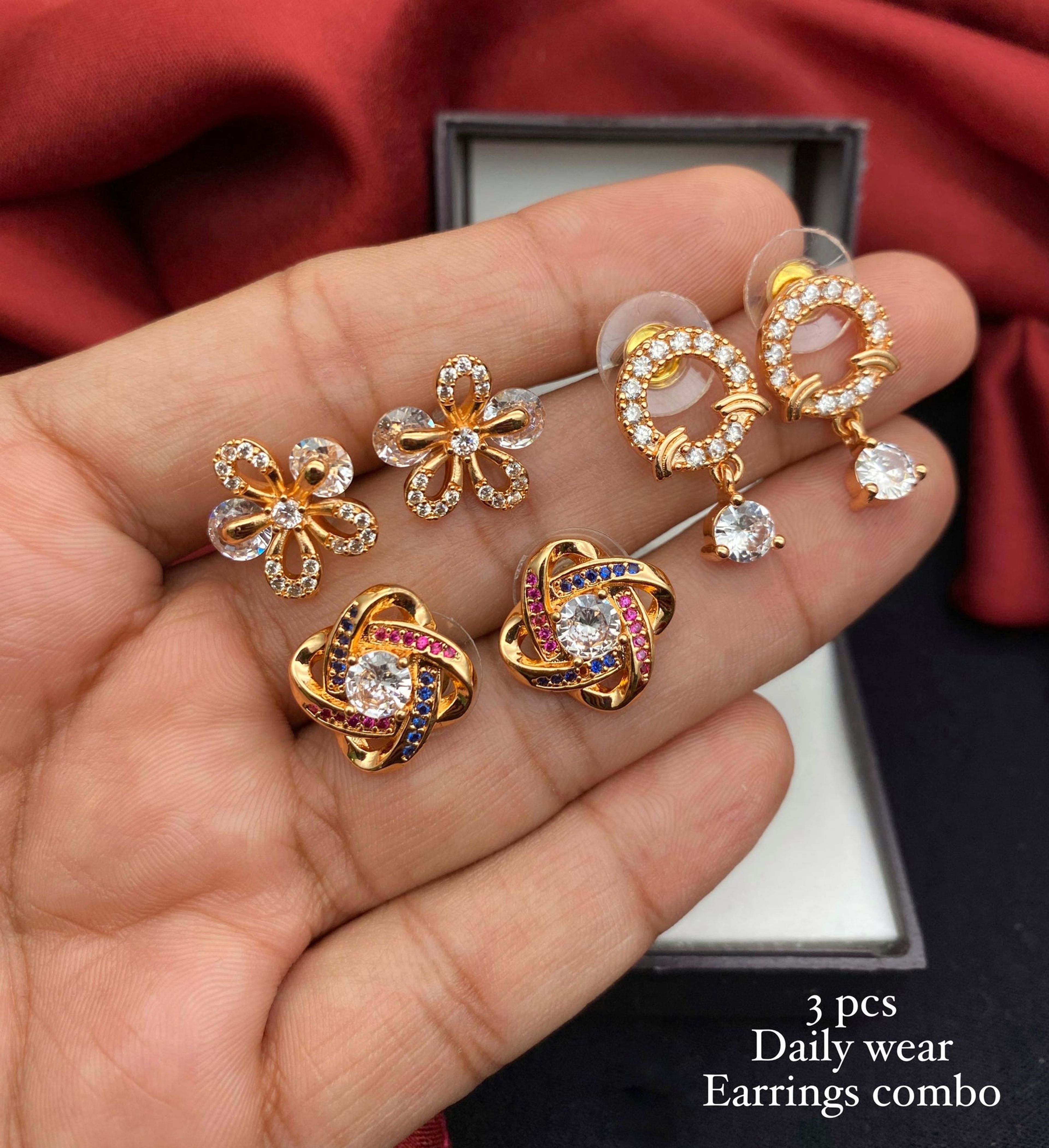 Gold-Tone AD Stone Earrings Set of 3