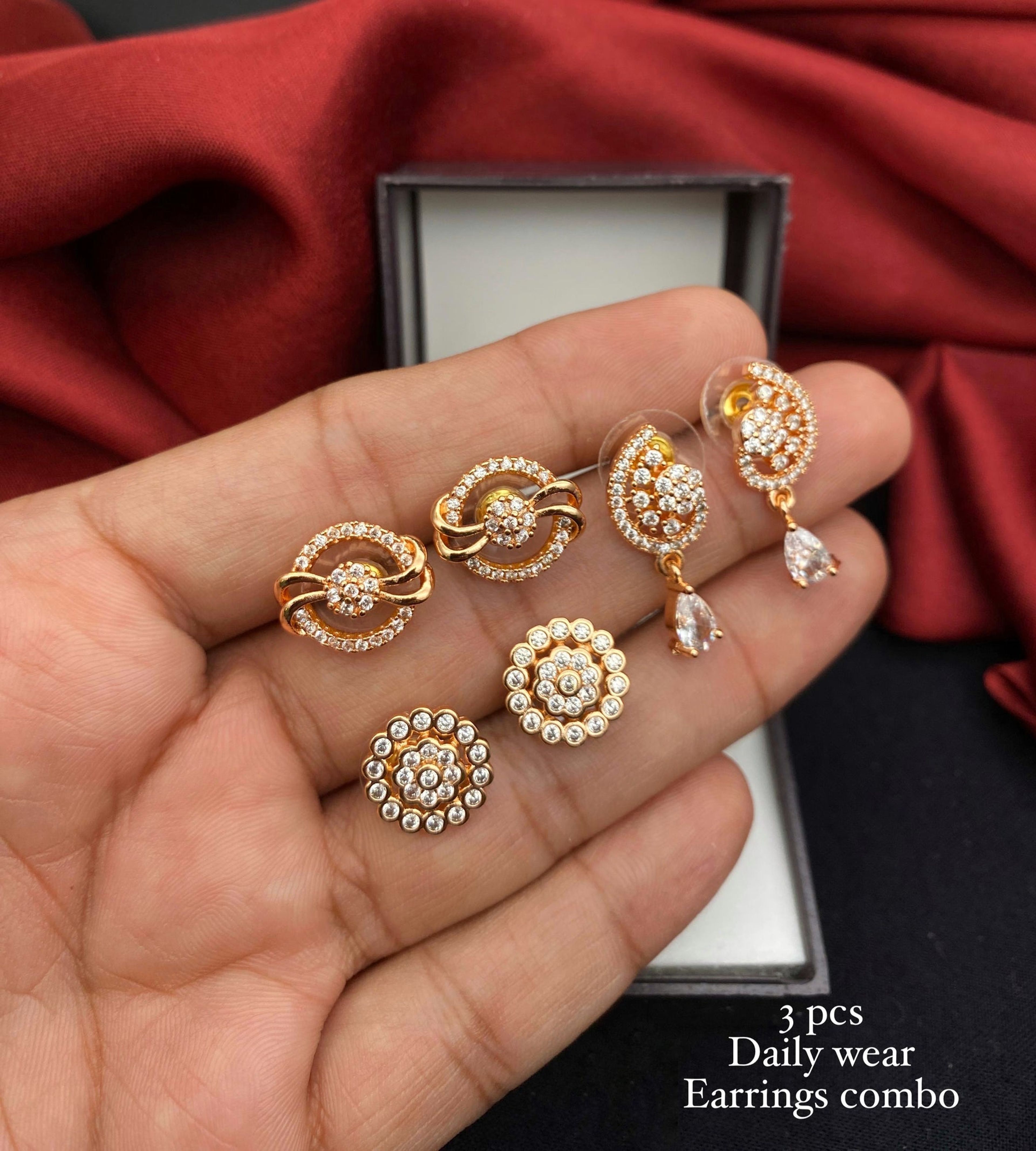 Gold-Tone White AD Stone Earrings Set of 3