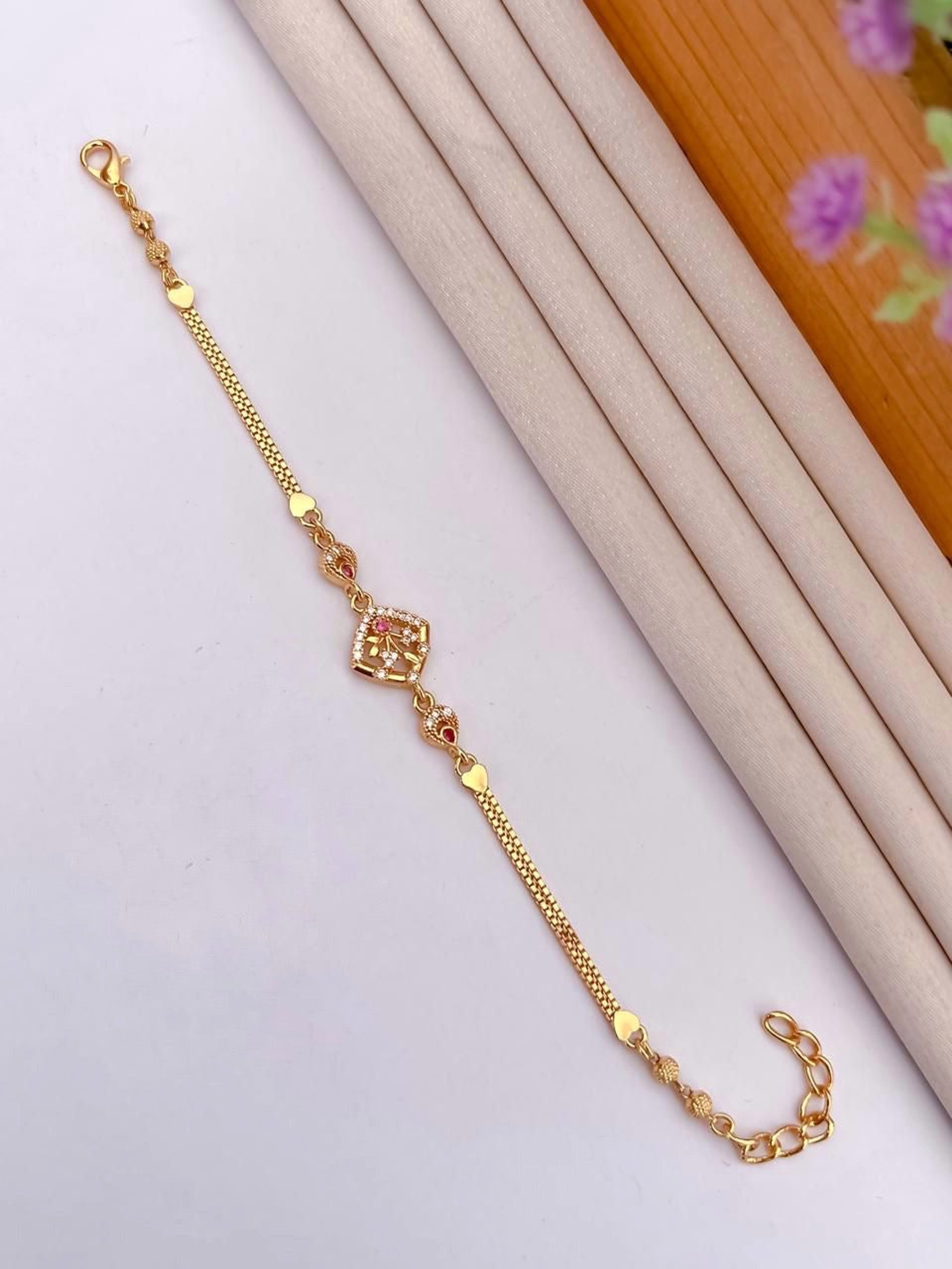Gold-Tone Floral Rhombus AD Stone Bracelet