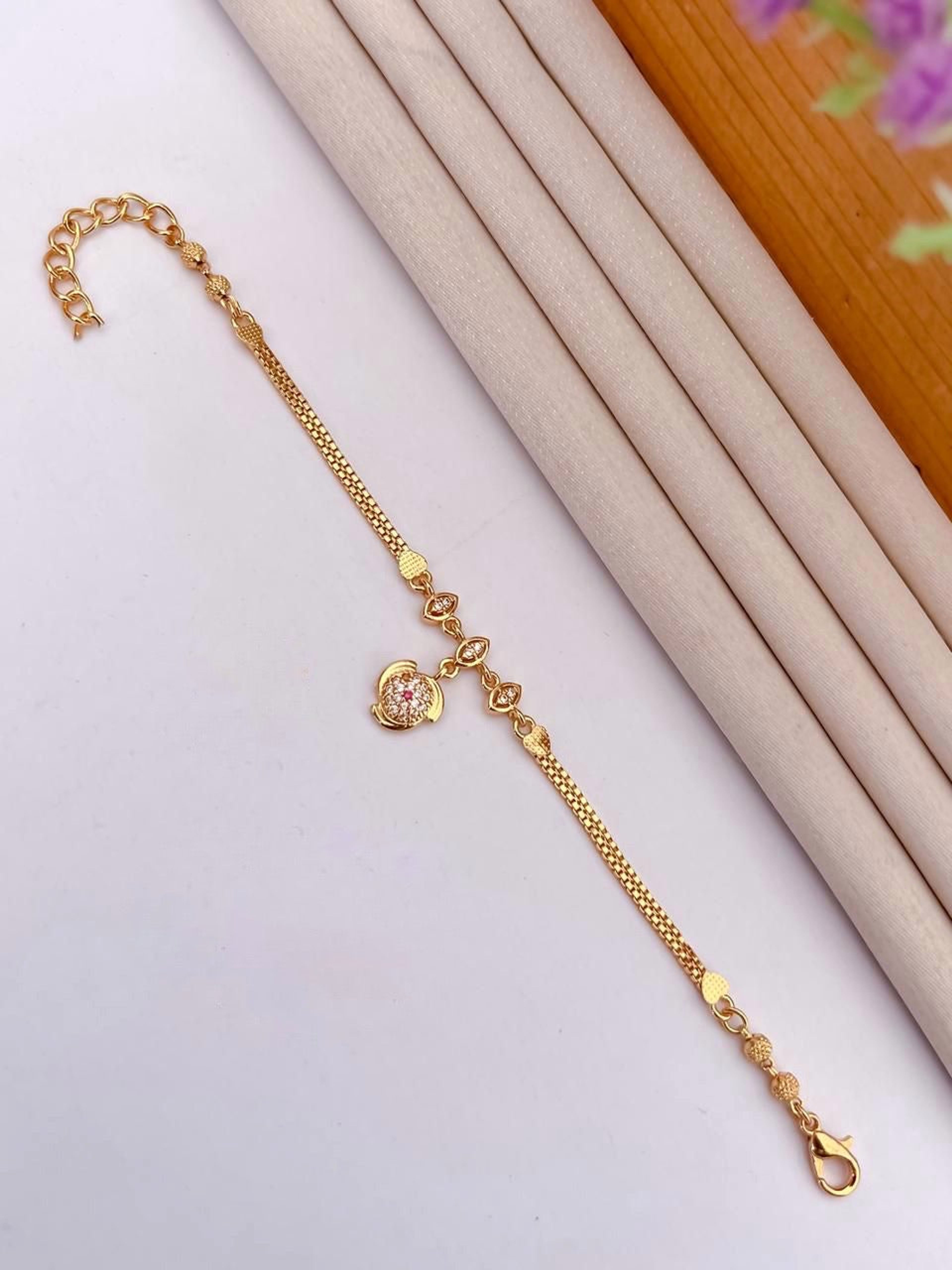 Pink Floral AD Stone Gold-Tone Bracelet