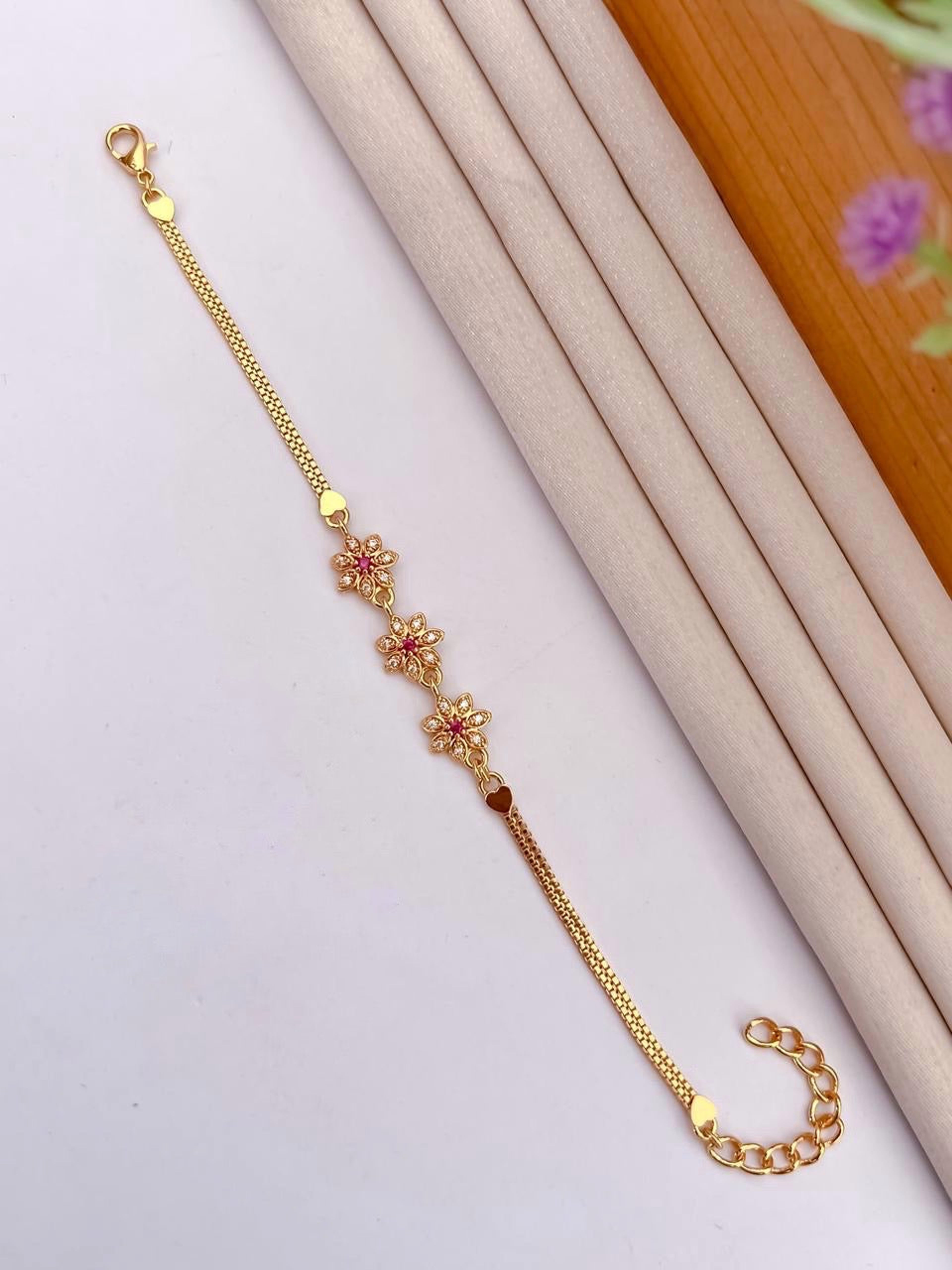 Gold-Tone Floral Pink AD Stone Bracelet