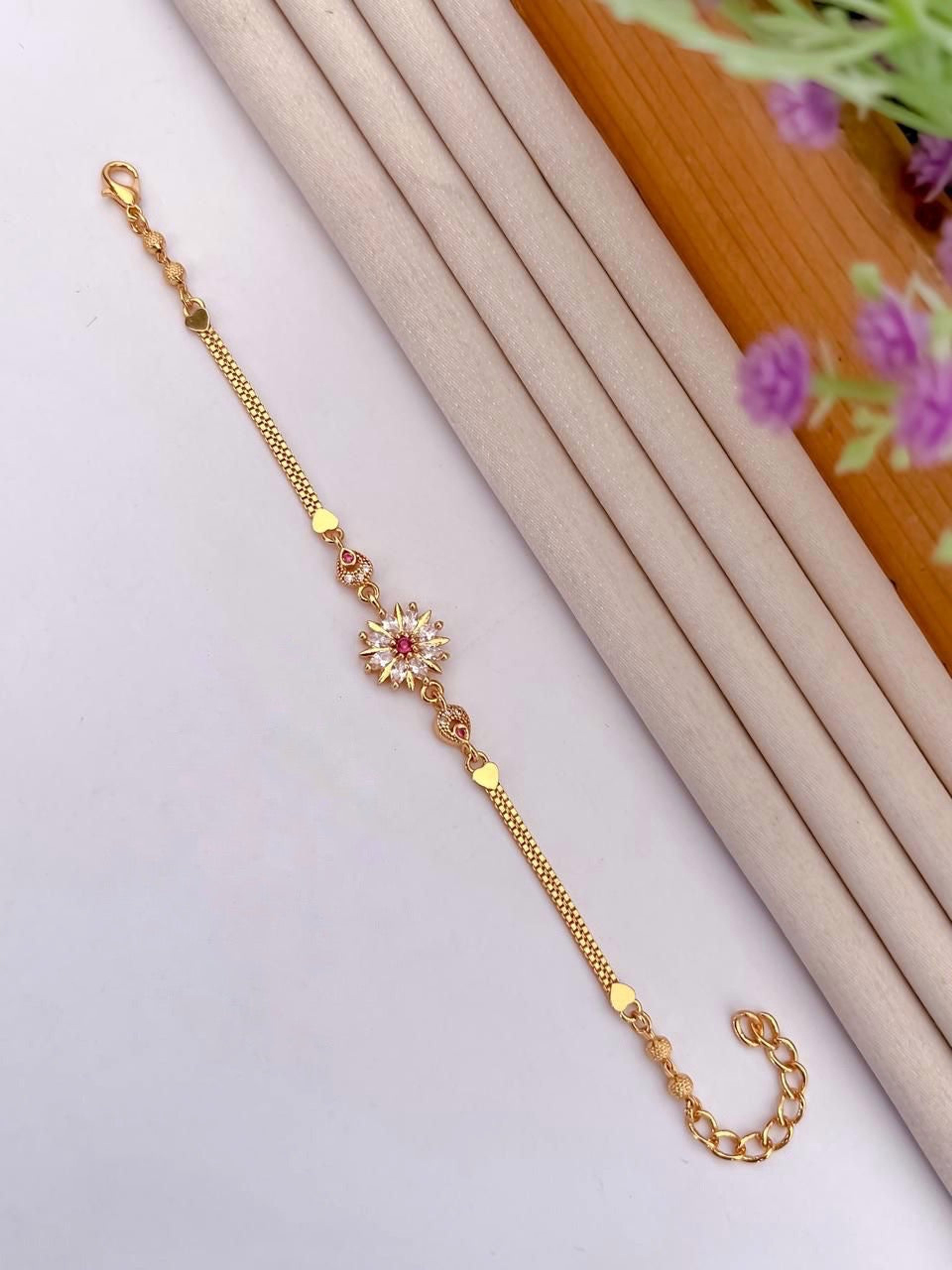 Floral Pink AD Stone Gold-Tone Bracelet