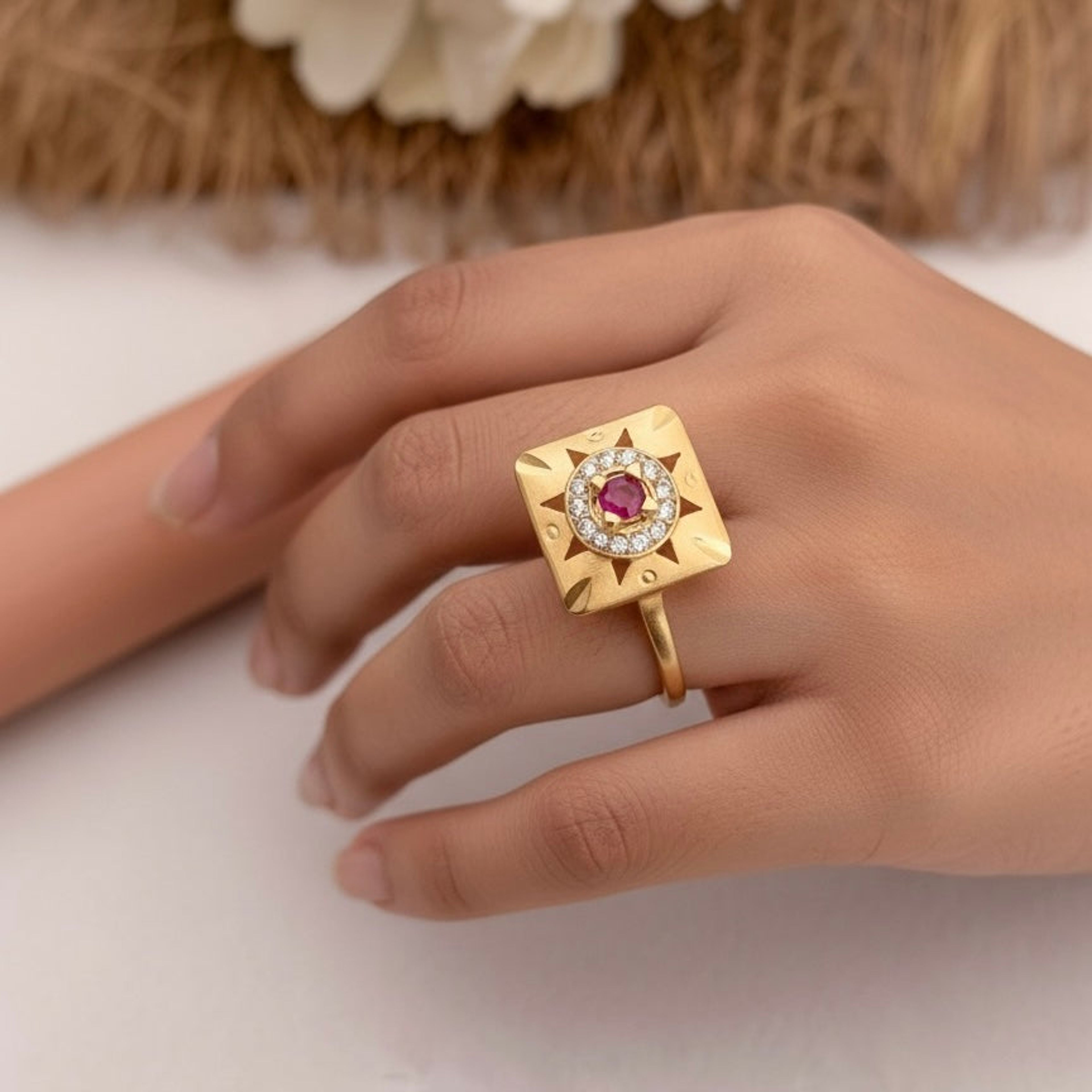 Sunburst Square Pink AD Stone Ring