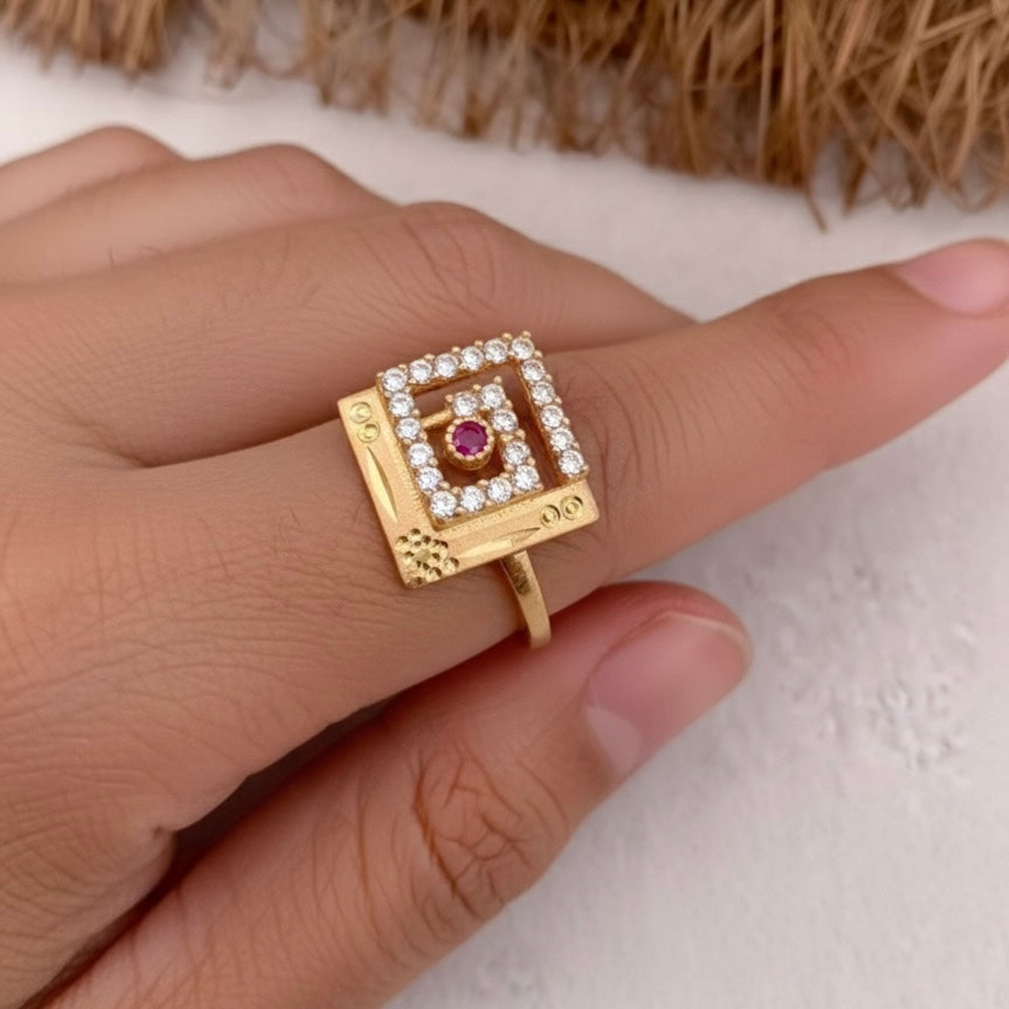 Square Red AD Stone Ring