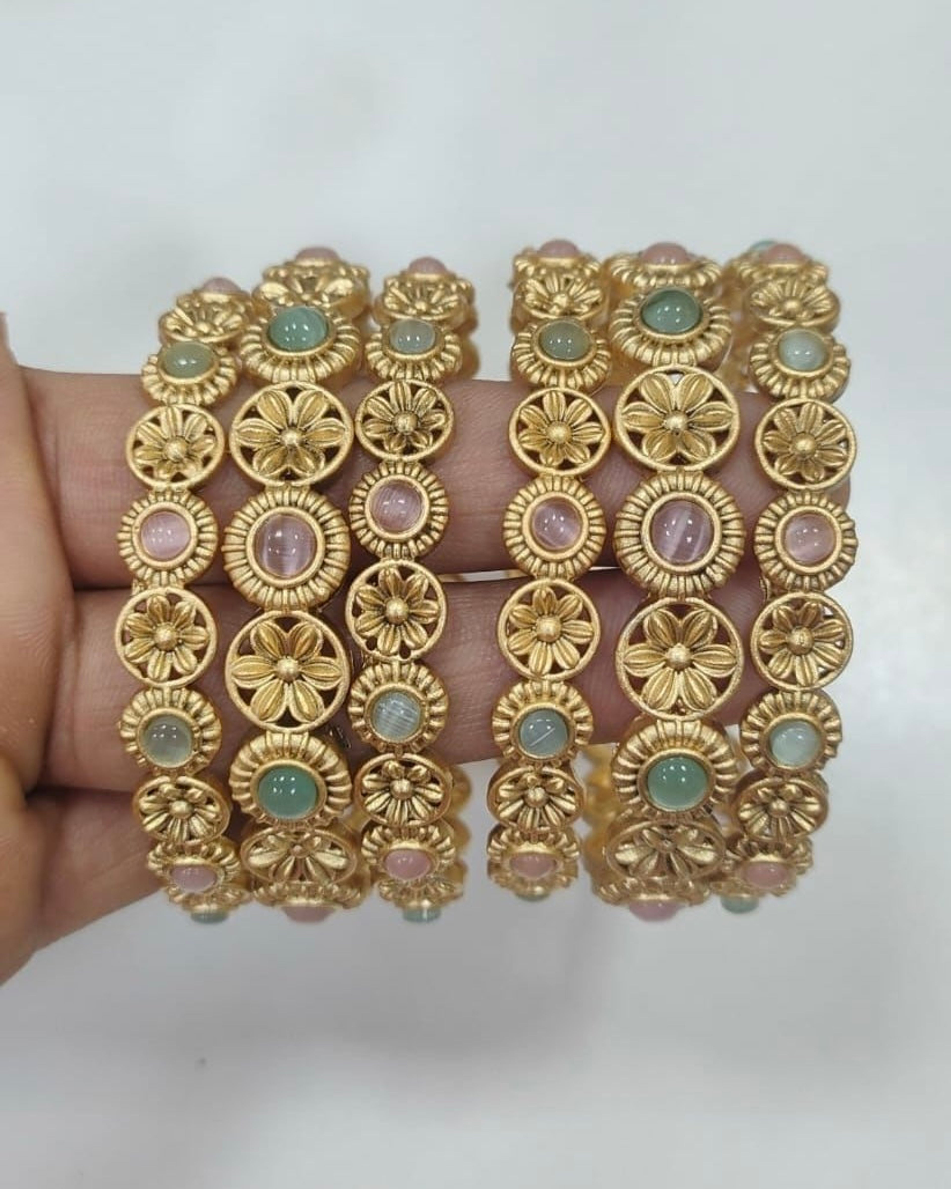 Floral Stone Antique Bangle Set (Size 2.2)