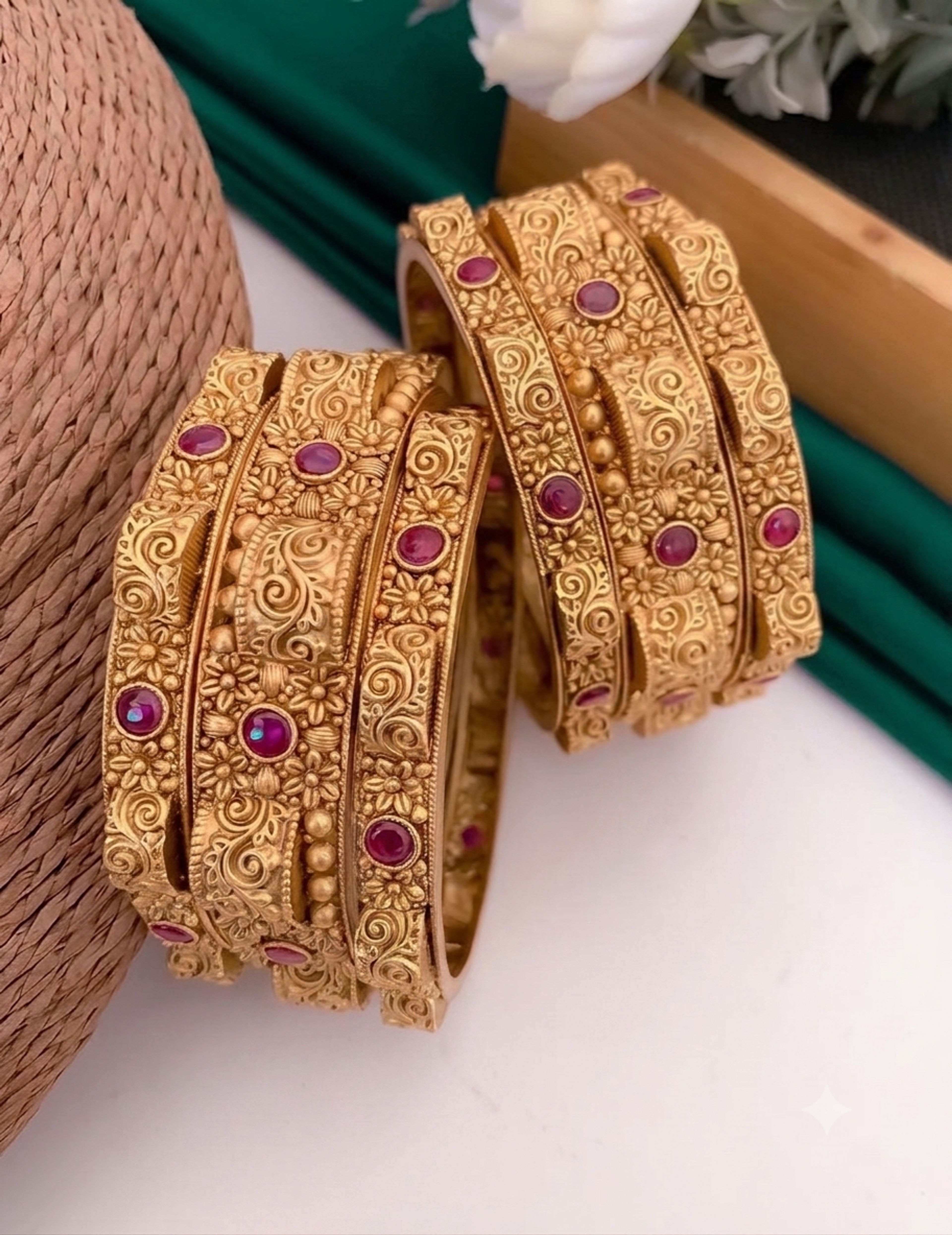 Floral Red Stone Antique Bangle Pair (Size 2.2)