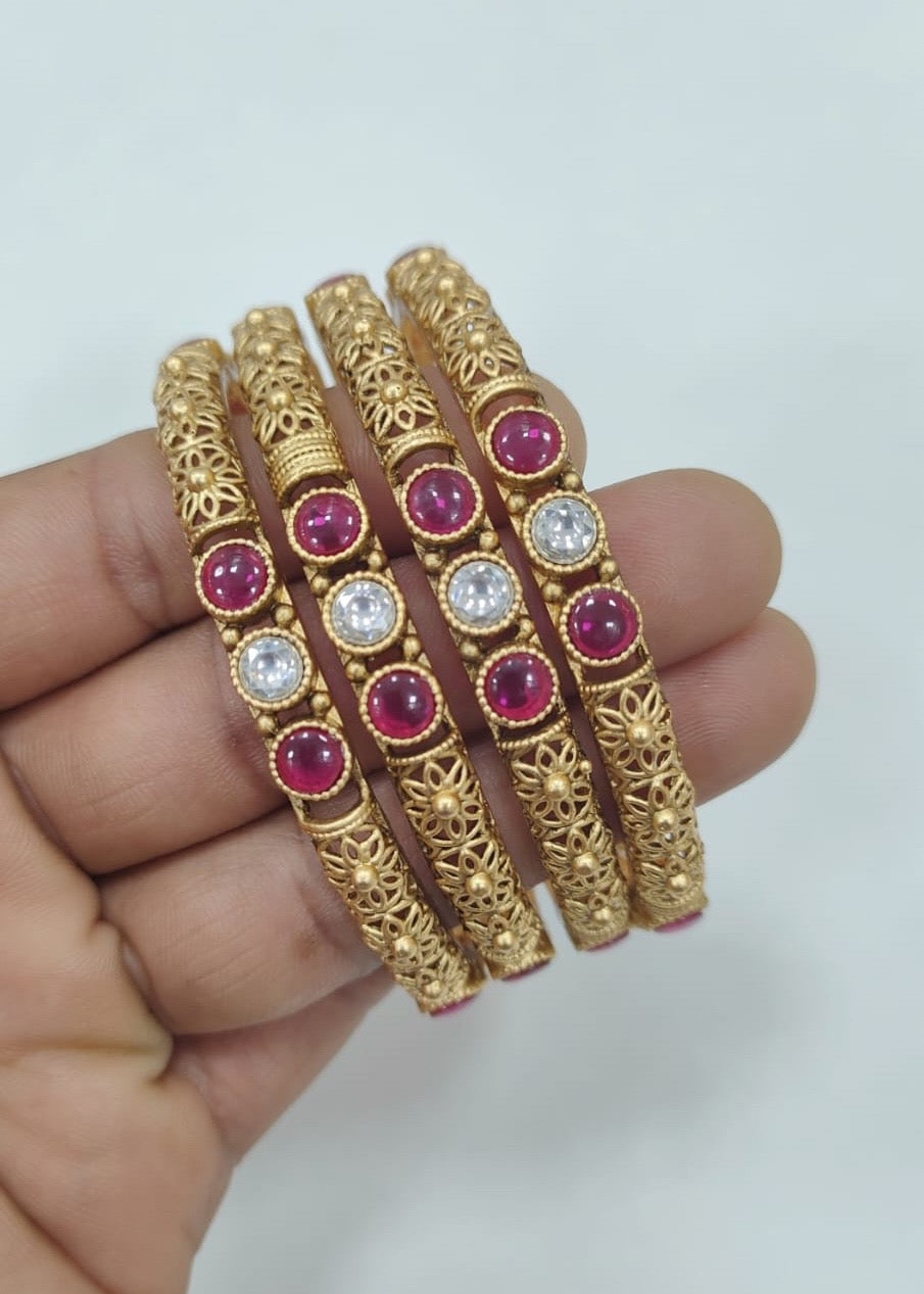 Antique Floral Red and White Stone Bangle Set