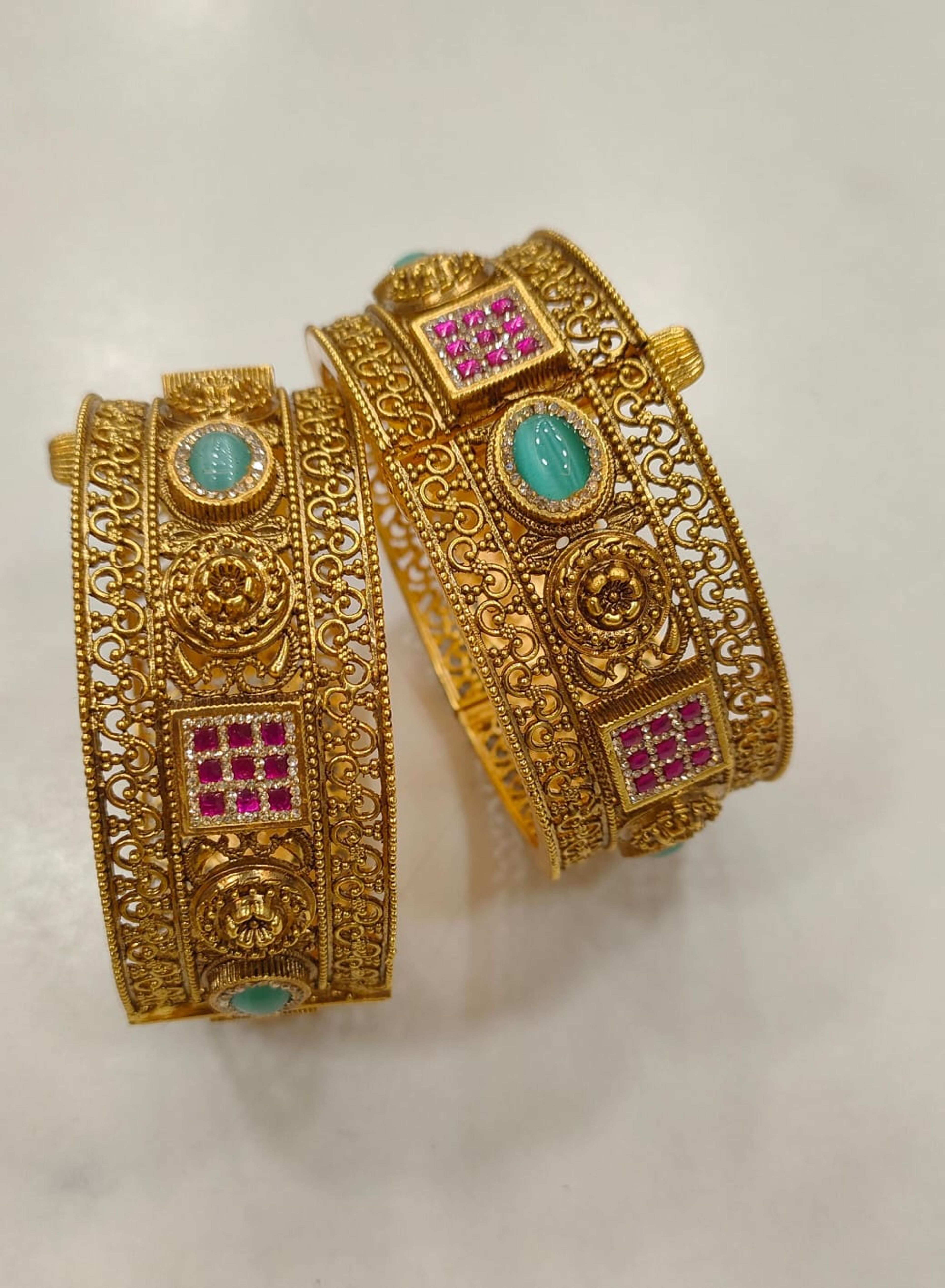 Filigree Pink Green Stone Antique Bangle (Size 2.6)