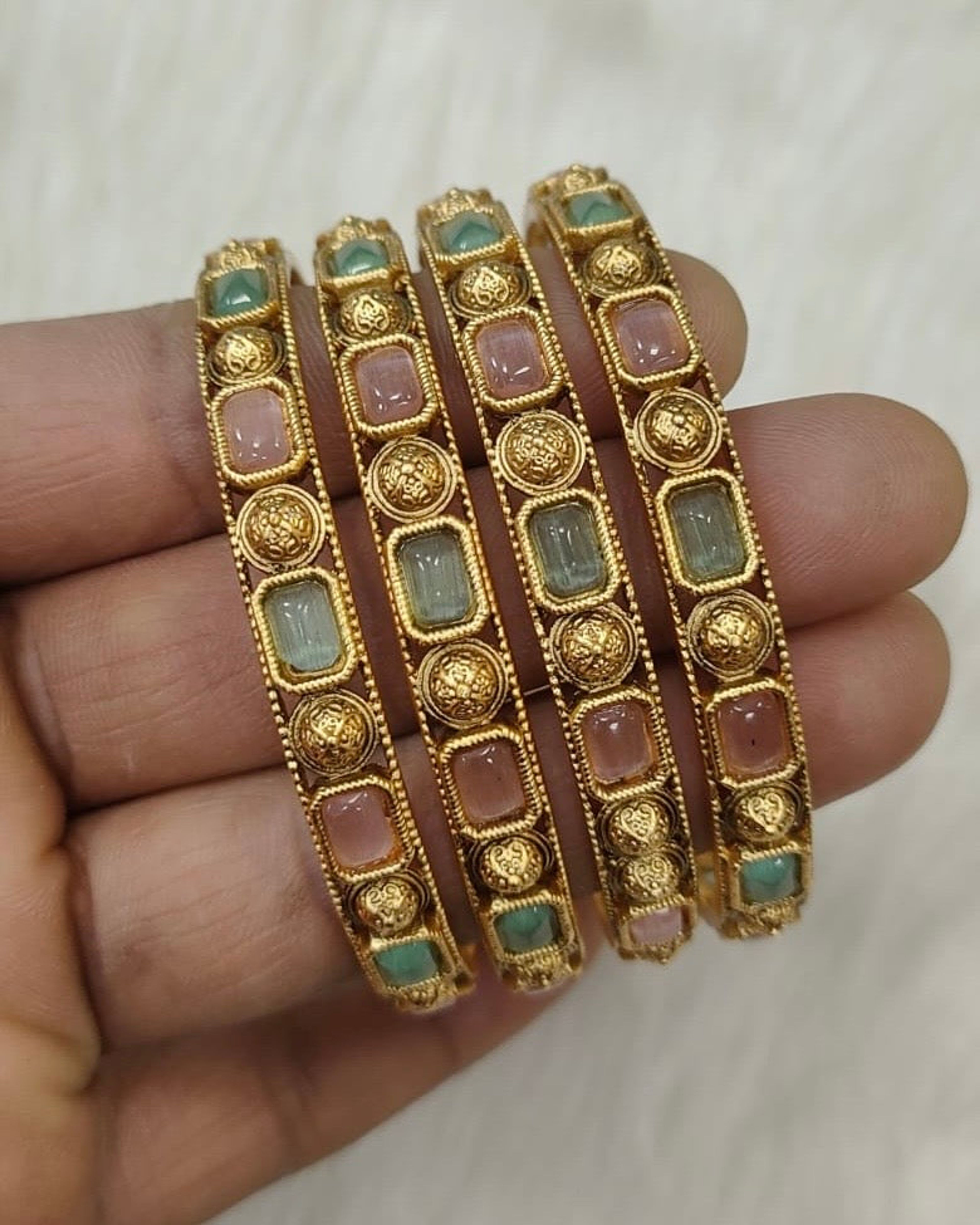 Antique Pink Green Stone Bangle Set (Size 2.2)
