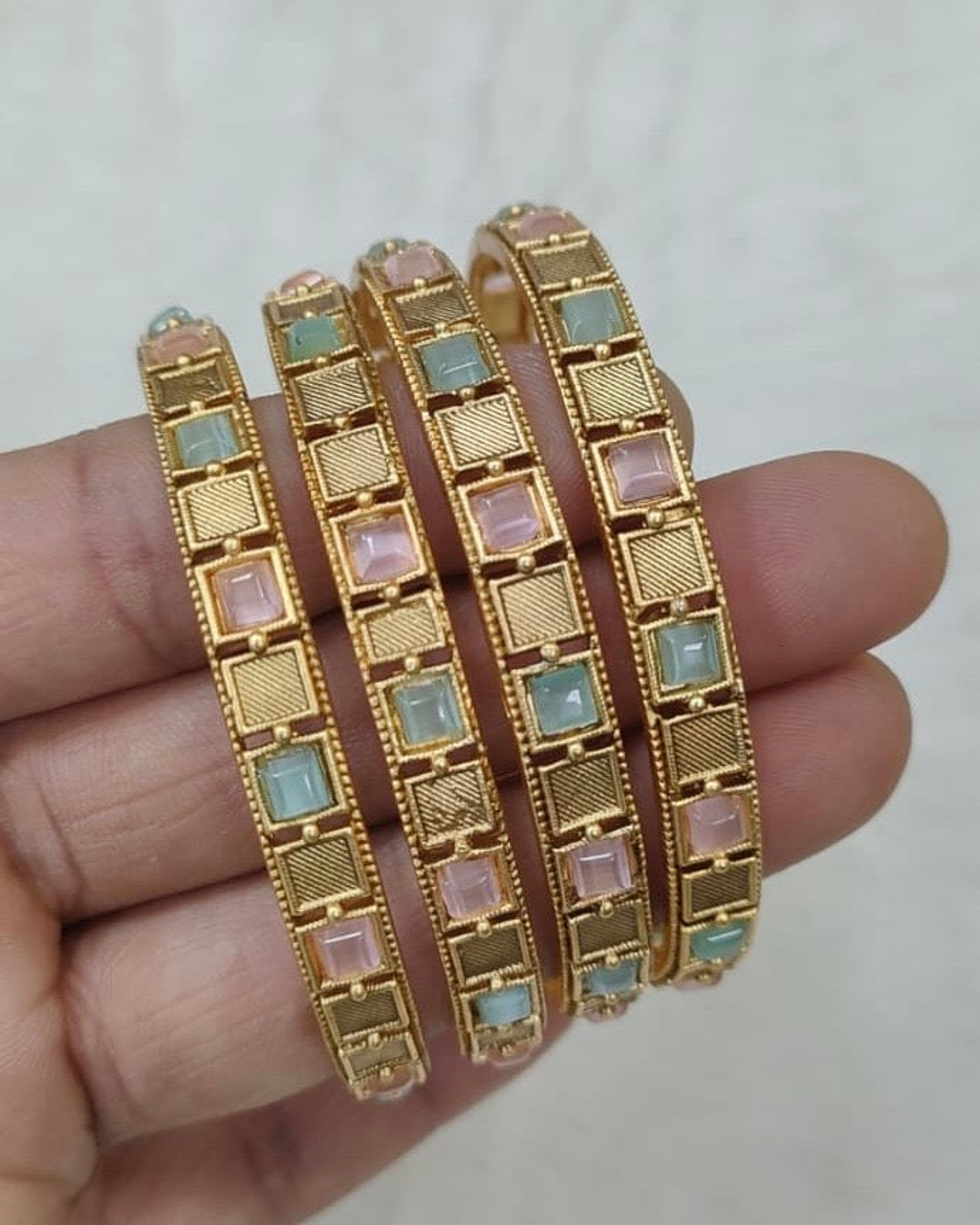Square Multicolour Stone Antique Bangle Set (Size 2.2)