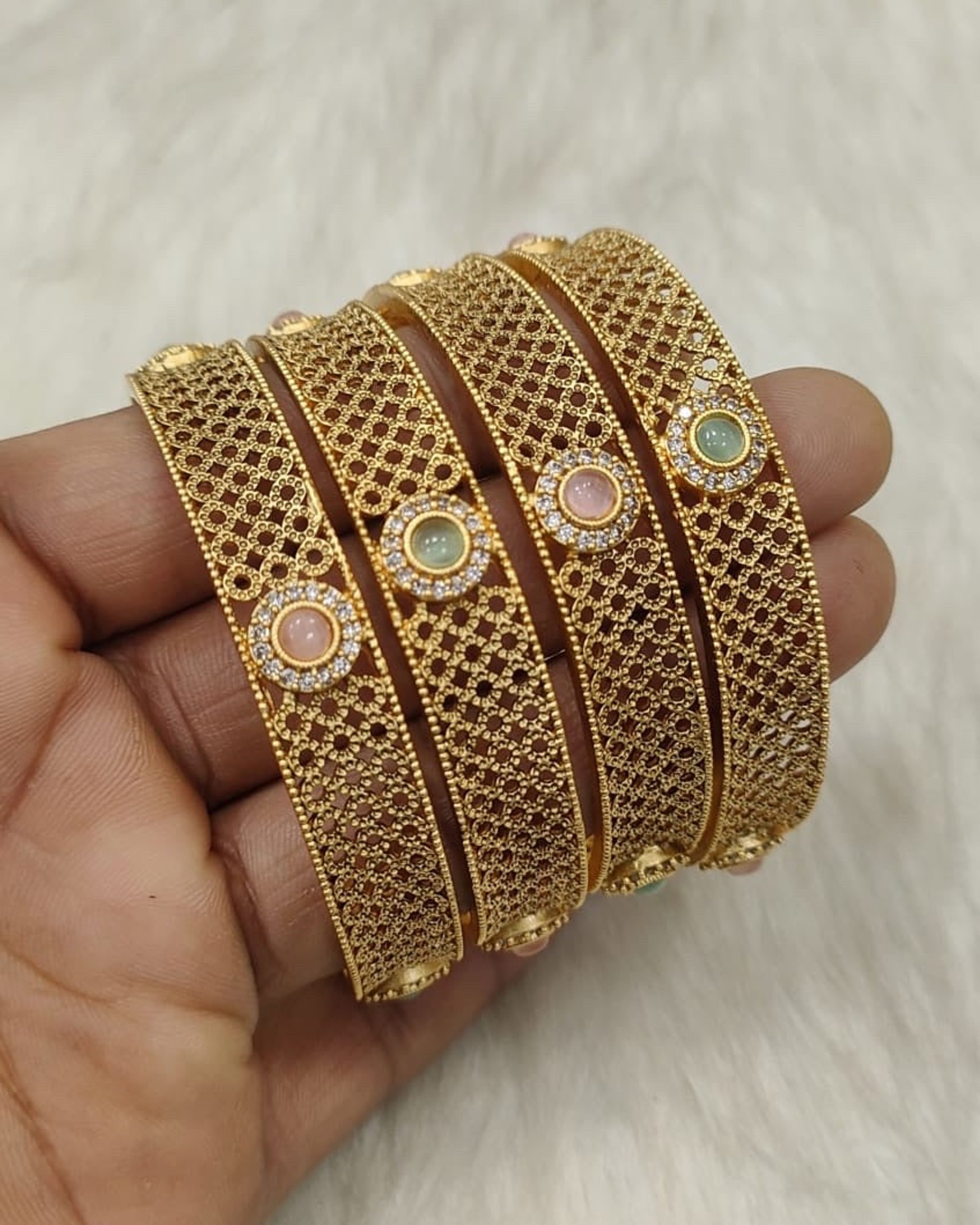 Pink and Green Stone Antique Bangle Set