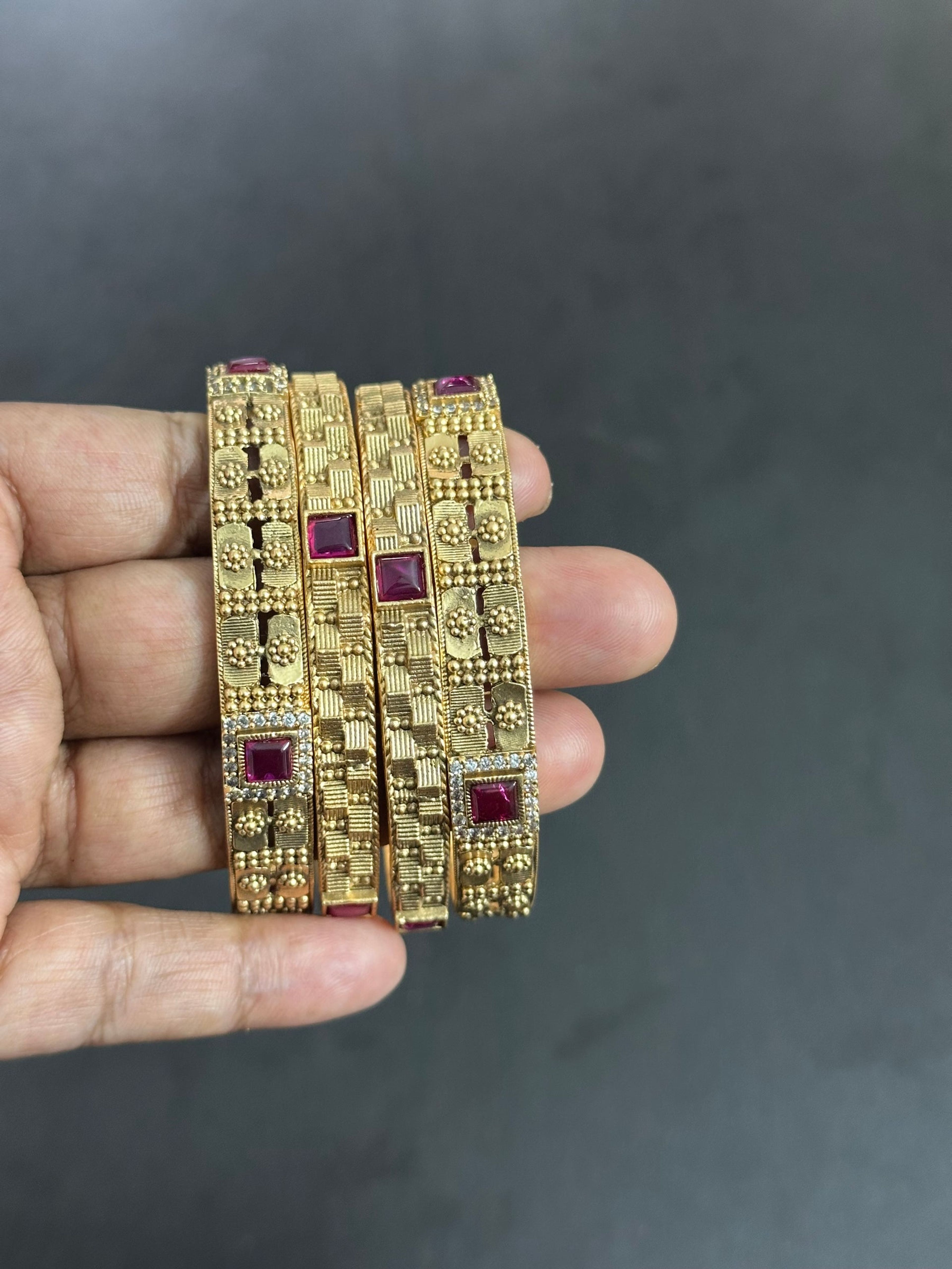 Square Red Stone Antique Bangle Set
