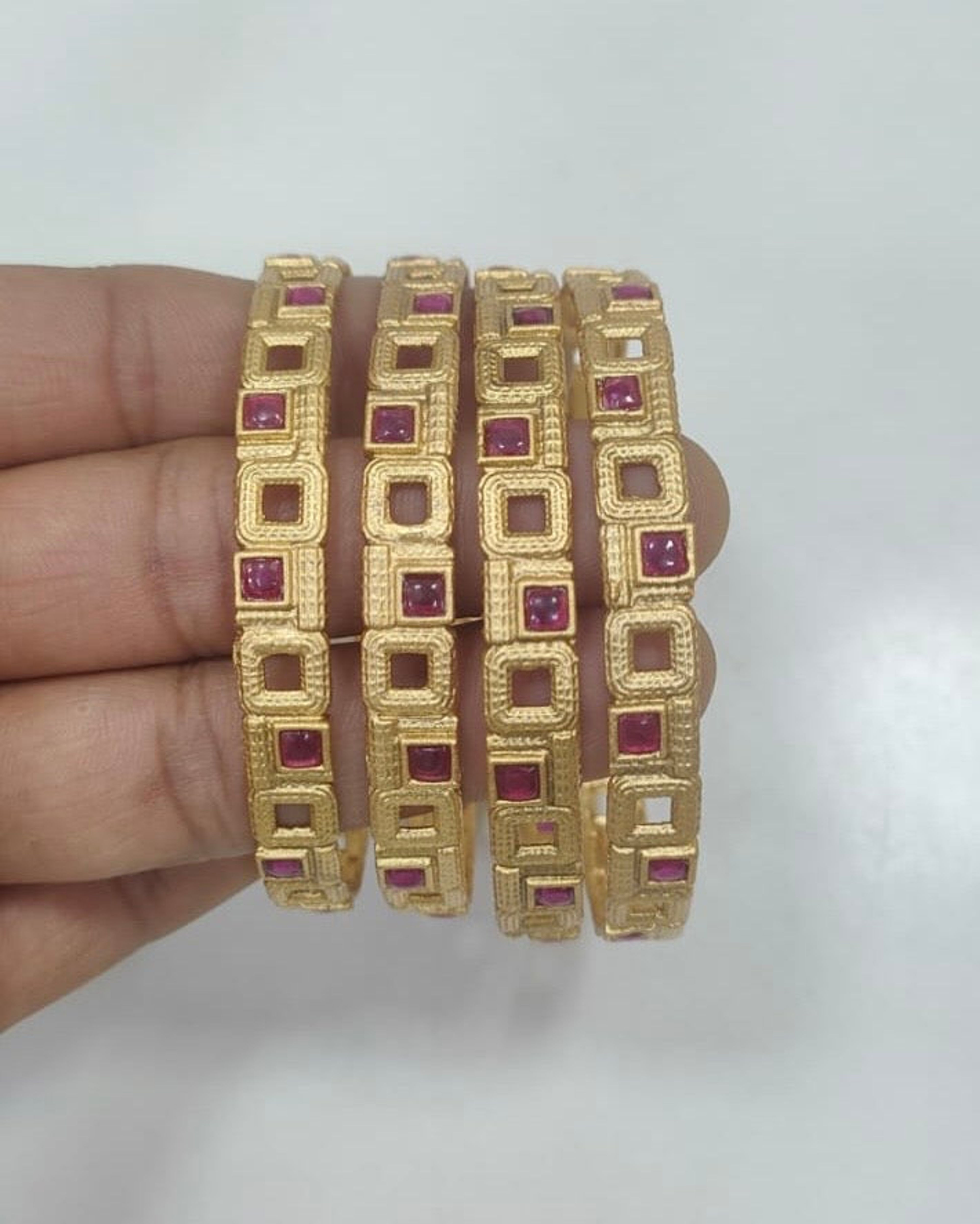 Square Red Stone Antique Bangle Set (Size 2.6)