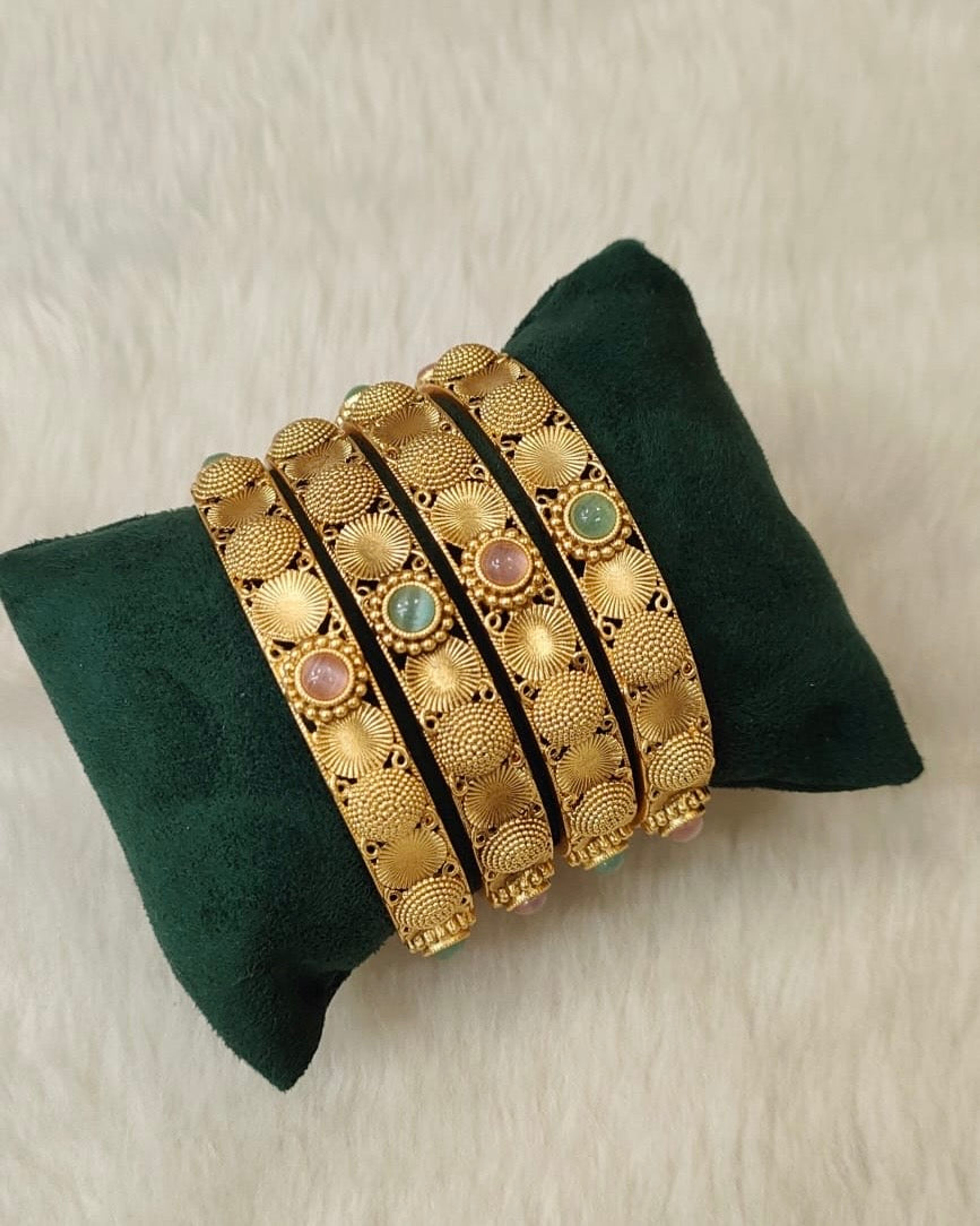 Antique Pink and Green Stone Bangle Set