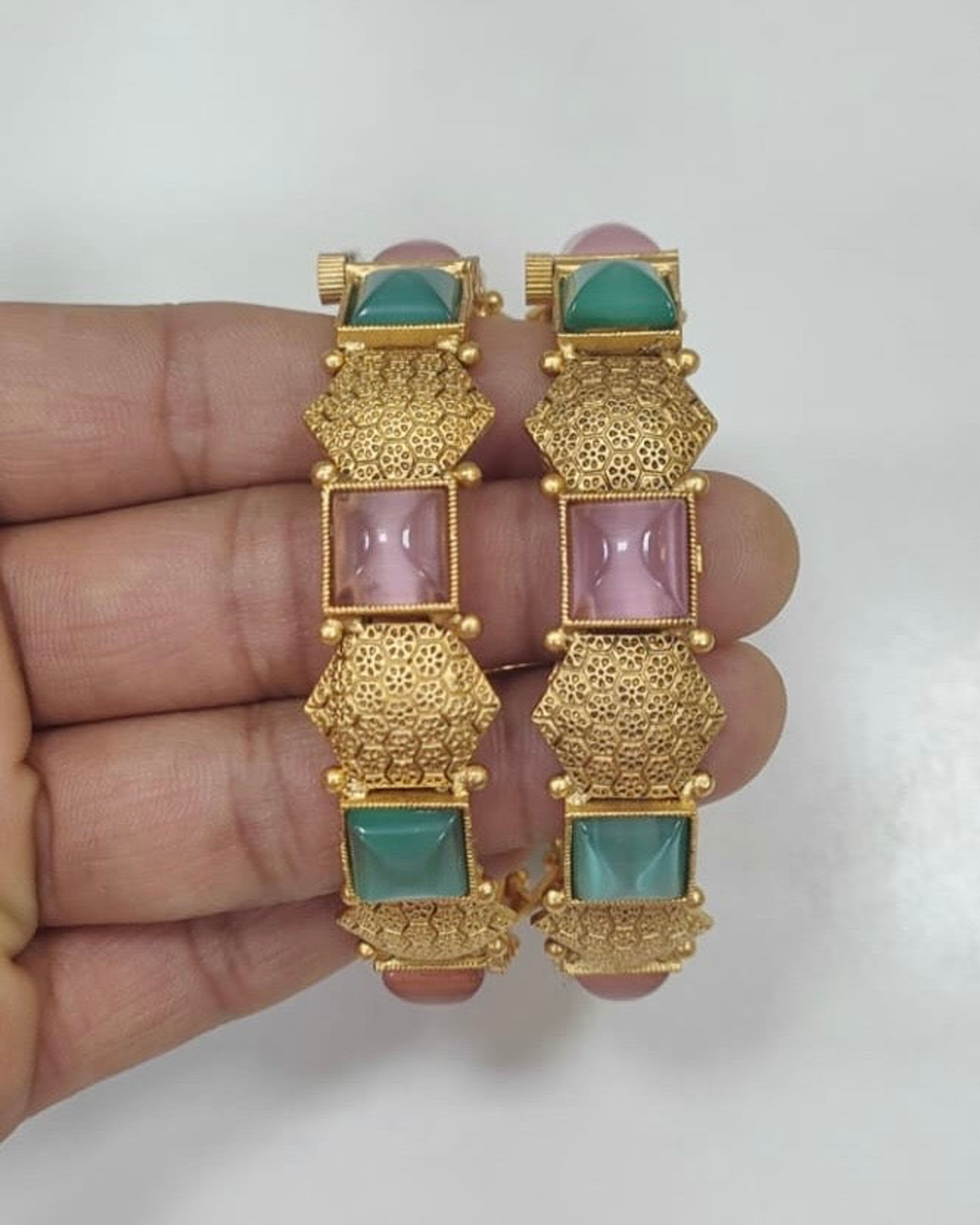 Hexagonal Pastel Stone Antique Bangle Pair (Size 2.6)