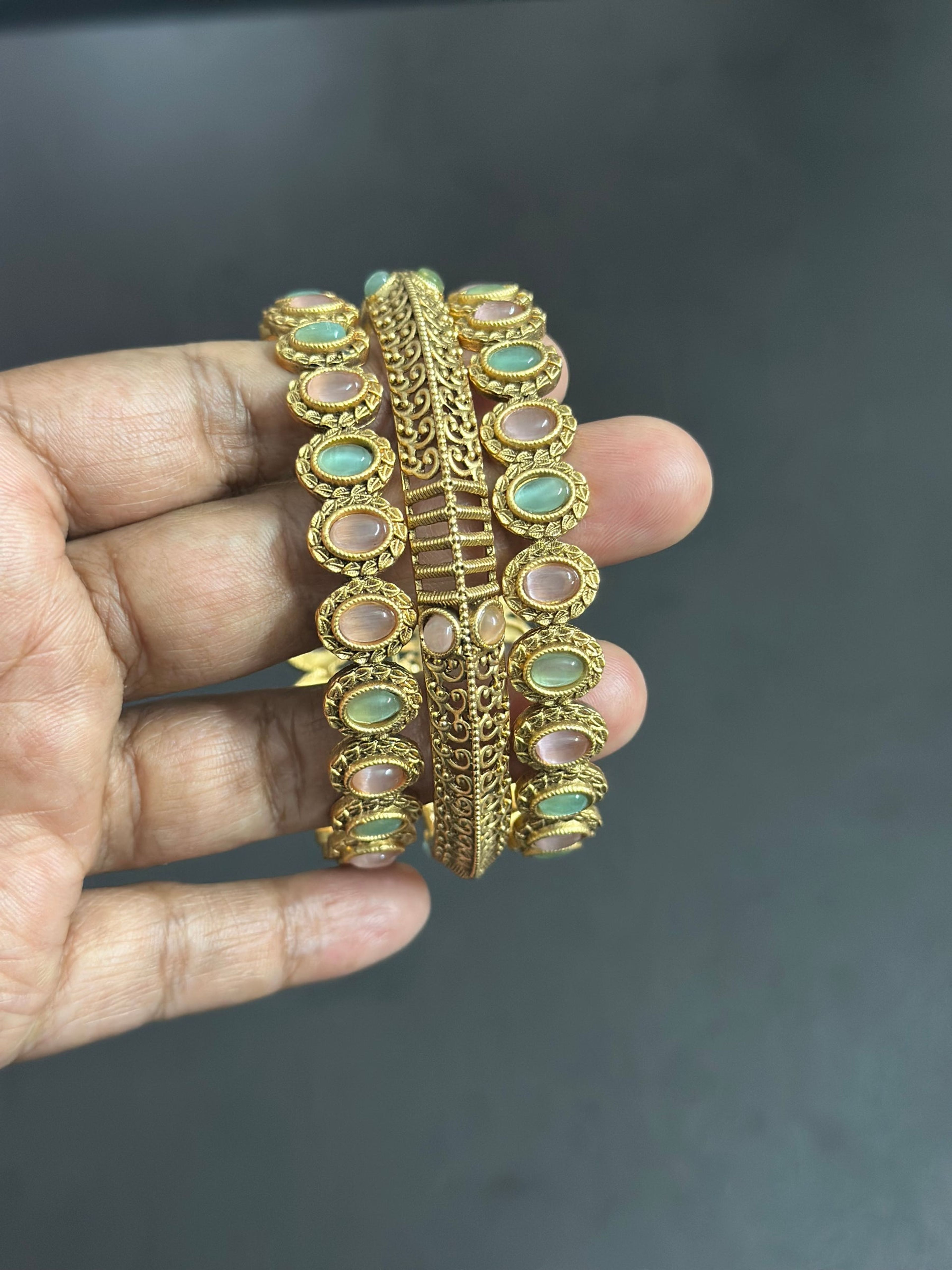 Pink and Green Stone Antique Bangle (Size 2.10)
