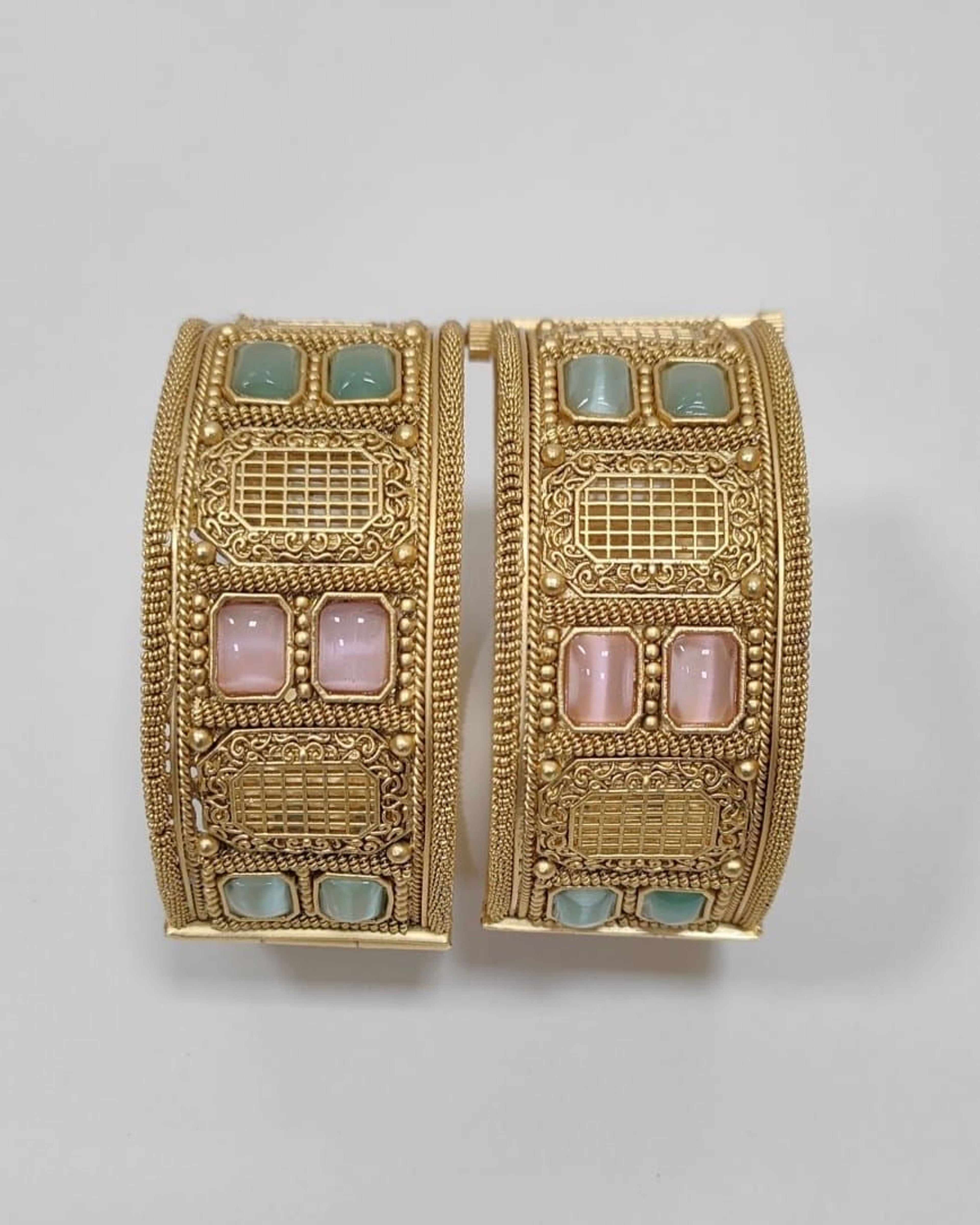 Antique Pink Green Stone Bangle Pair (Size 2.8)