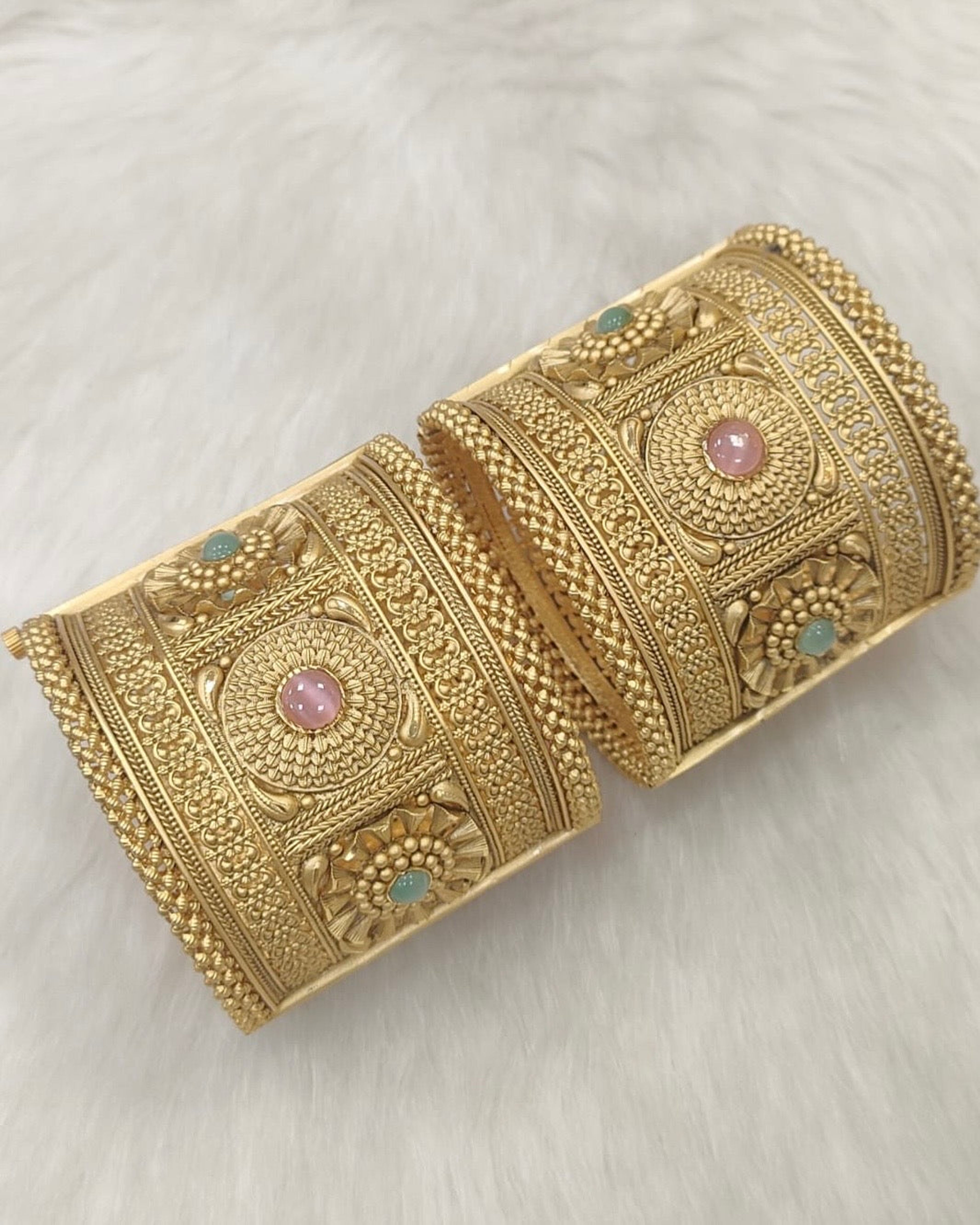 Antique Pink Stone Floral Bangle Pair (Size 2.8)